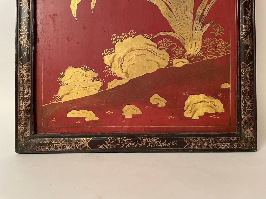 Chinese Red Lacquer and Gilt Panel with Bird in a Tree, Black and Gilt Frame 12