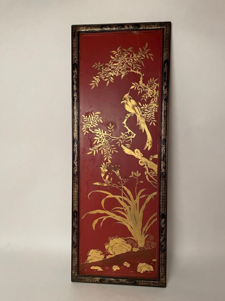 Chinese Red Lacquer and Gilt Panel with Bird in a Tree, Black and Gilt Frame 13