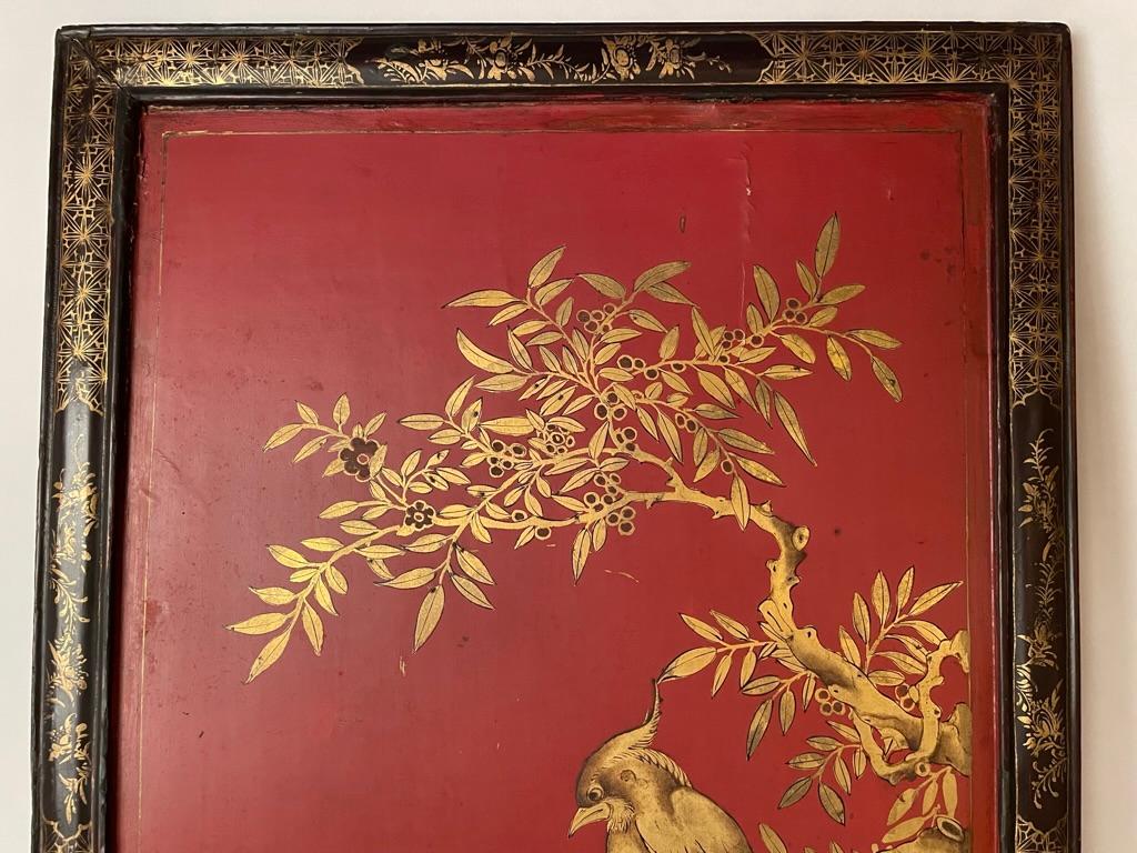 19th Century Chinese Red Lacquer and Gilt Panel with Bird in a Tree, Black and Gilt Frame