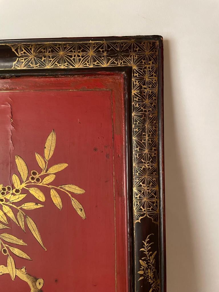 Chinese Red Lacquer and Gilt Panel with Bird in a Tree, Black and Gilt Frame 1