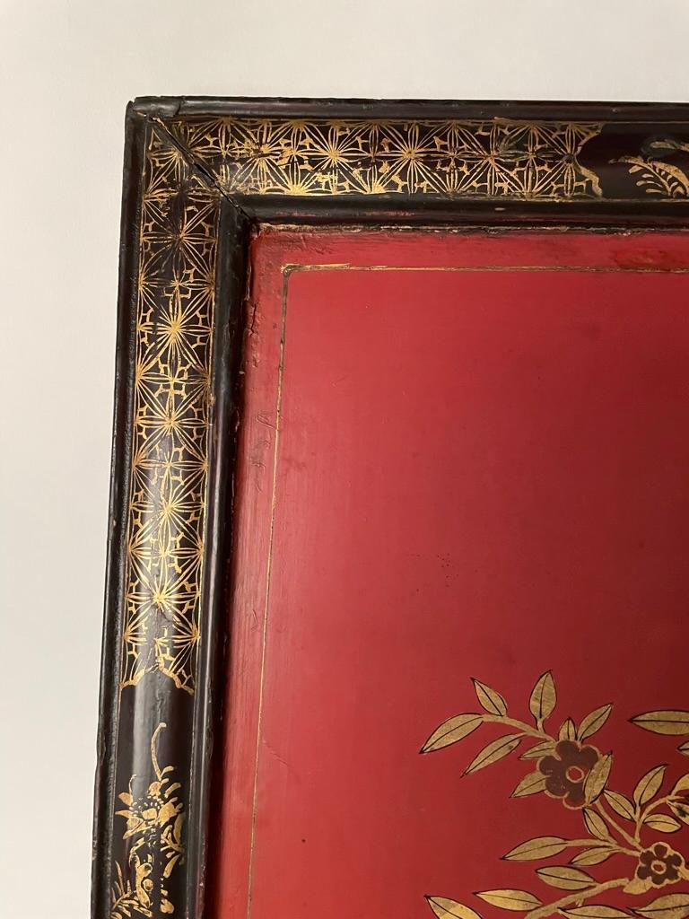 Chinese Red Lacquer and Gilt Panel with Bird in a Tree, Black and Gilt Frame 2