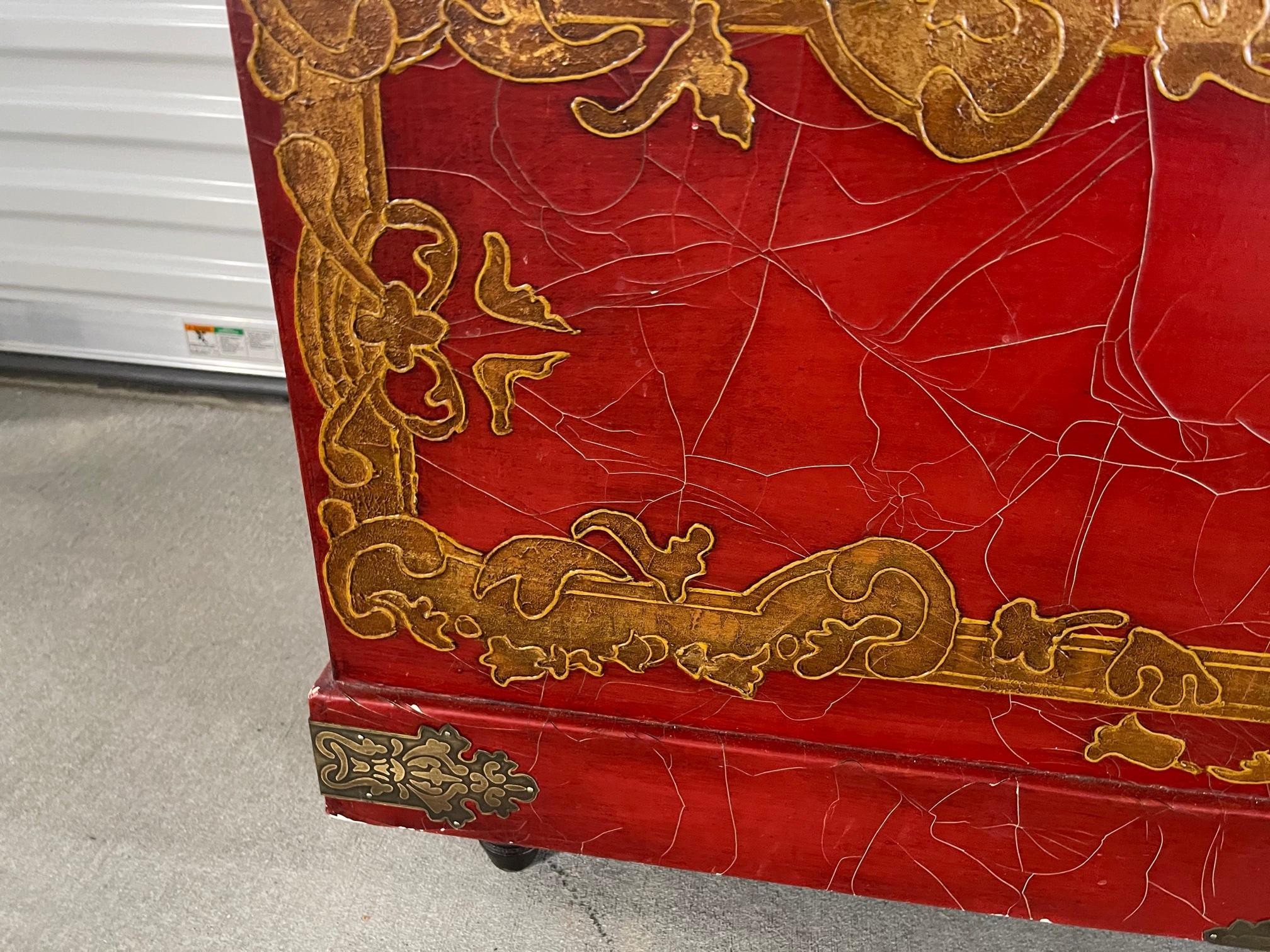 Chinese Red Lacquer and Gold Detailing Dome Top Trunk on Feet, 20th Century 2