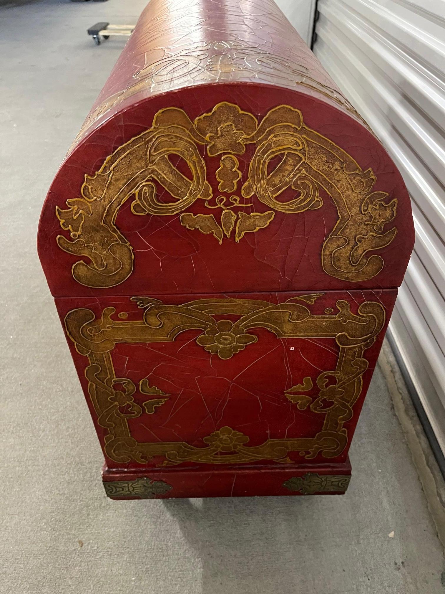 Chinese Red Lacquer and Gold Detailing Dome Top Trunk on Feet, 20th Century In Good Condition In Savannah, GA