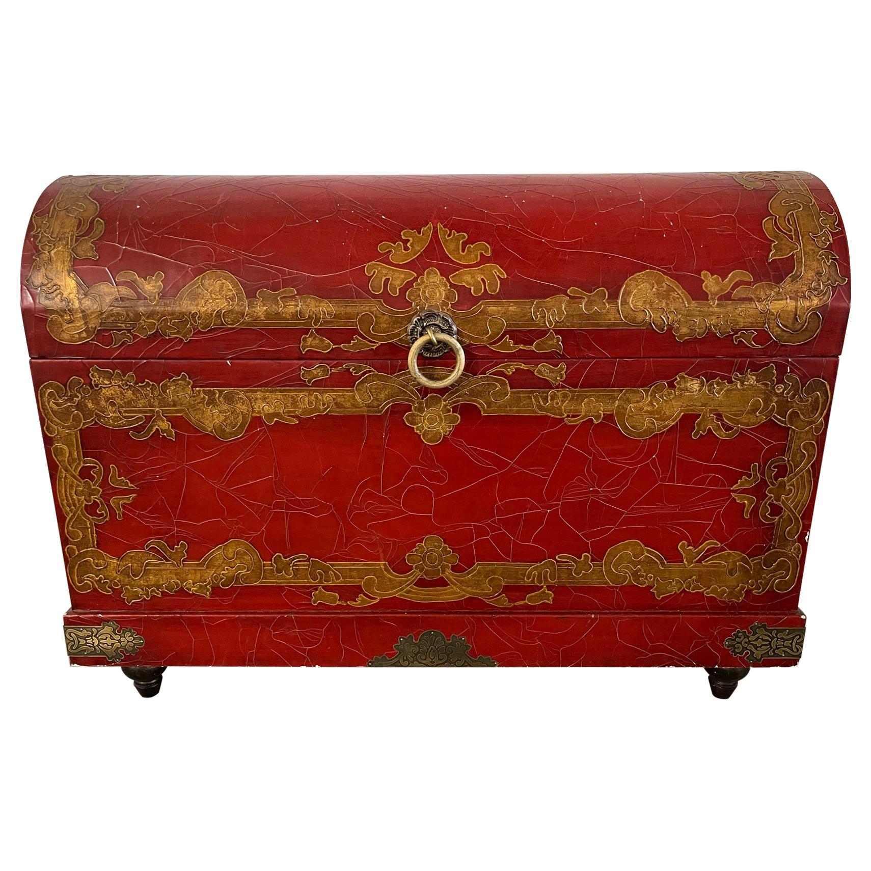 Chinese Red Lacquer and Gold Detailing Dome Top Trunk on Feet, 20th Century