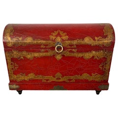 Chinese Red Lacquer and Gold Detailing Dome Top Trunk on Feet, 20th Century