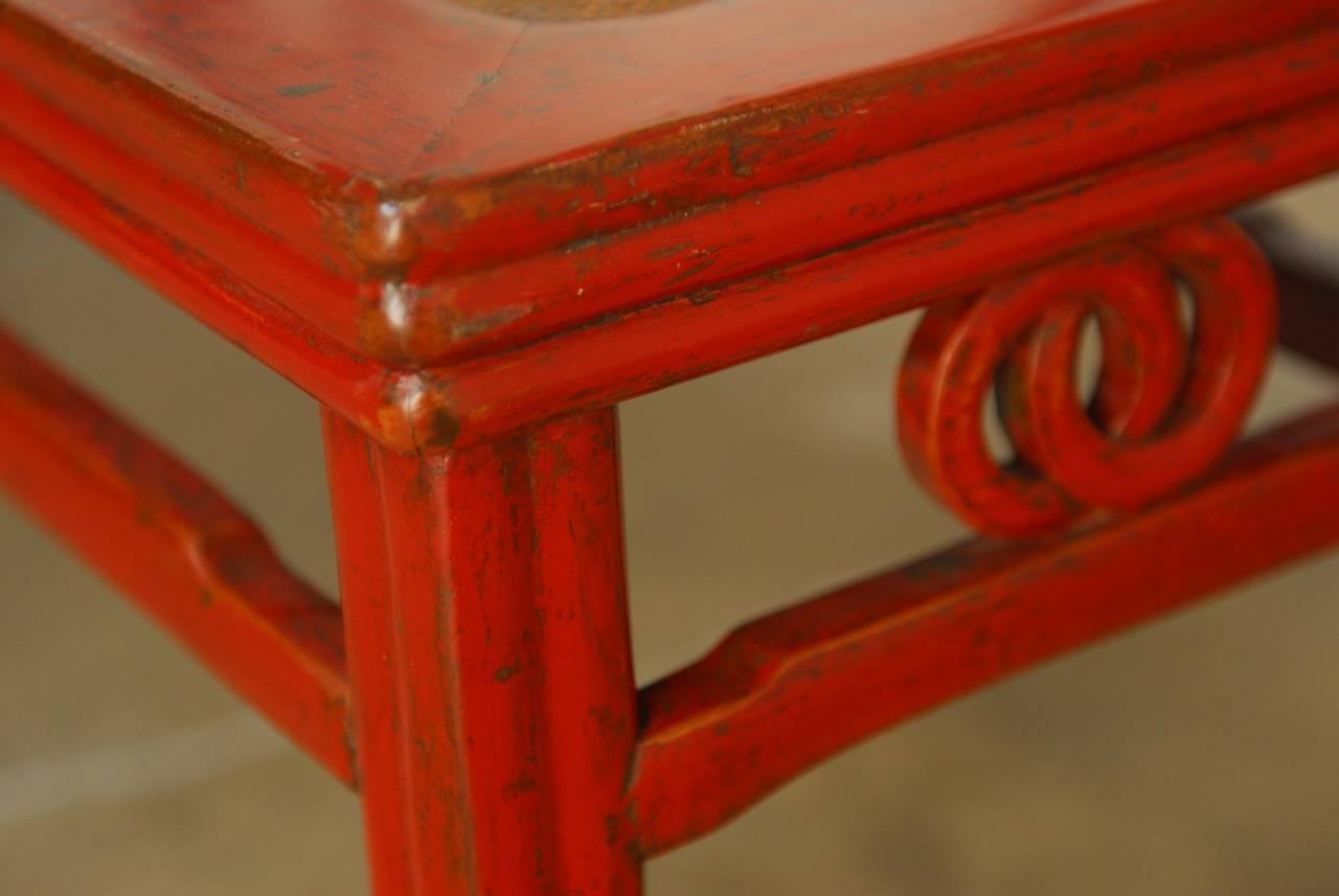 Chinese Red Lacquer and Raffia Carved Bench Seat 2