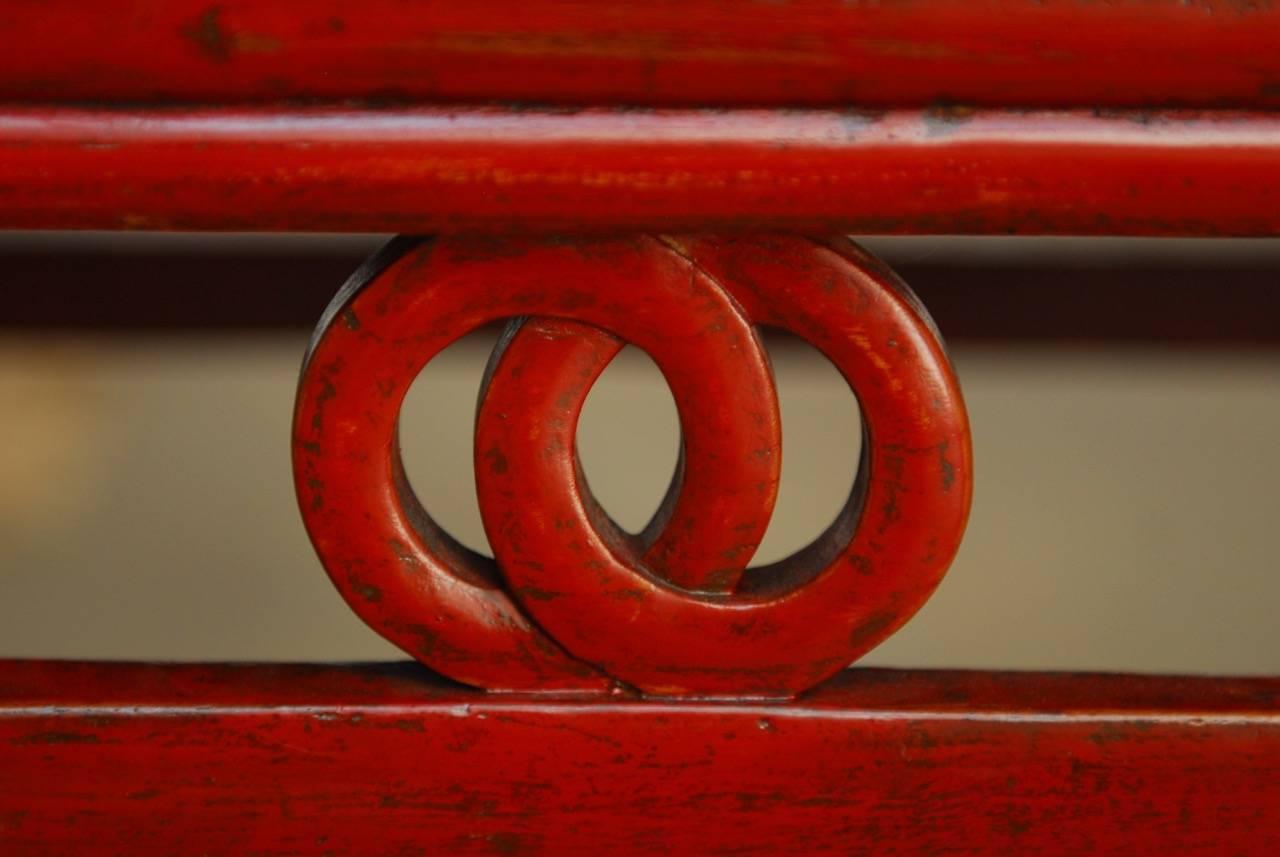 Chinese Red Lacquer and Raffia Carved Bench Seat 3