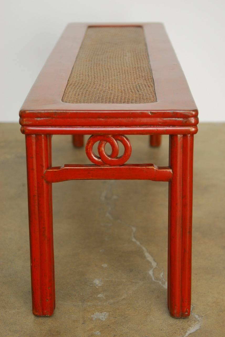 Chinese Export Chinese Red Lacquer and Raffia Carved Bench Seat