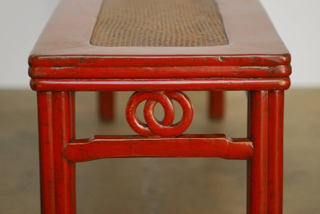 Lacquered Chinese Red Lacquer and Raffia Carved Bench Seat