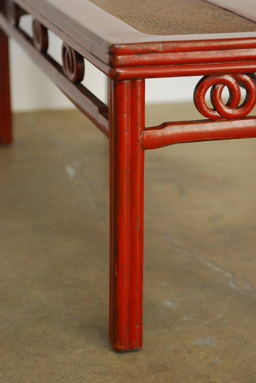 Chinese Red Lacquer and Raffia Carved Bench Seat In Good Condition In Rio Vista, CA