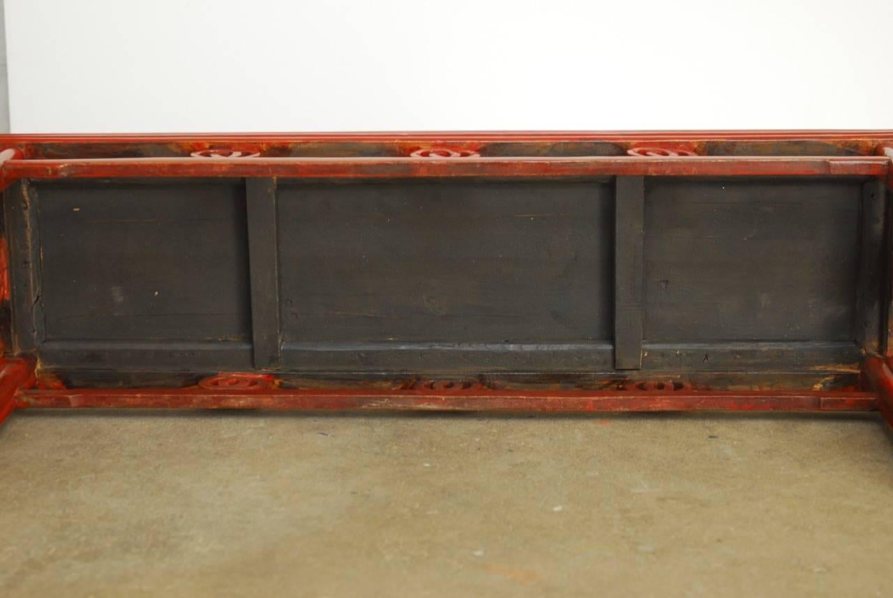Chinese Red Lacquer and Raffia Carved Bench Seat 1