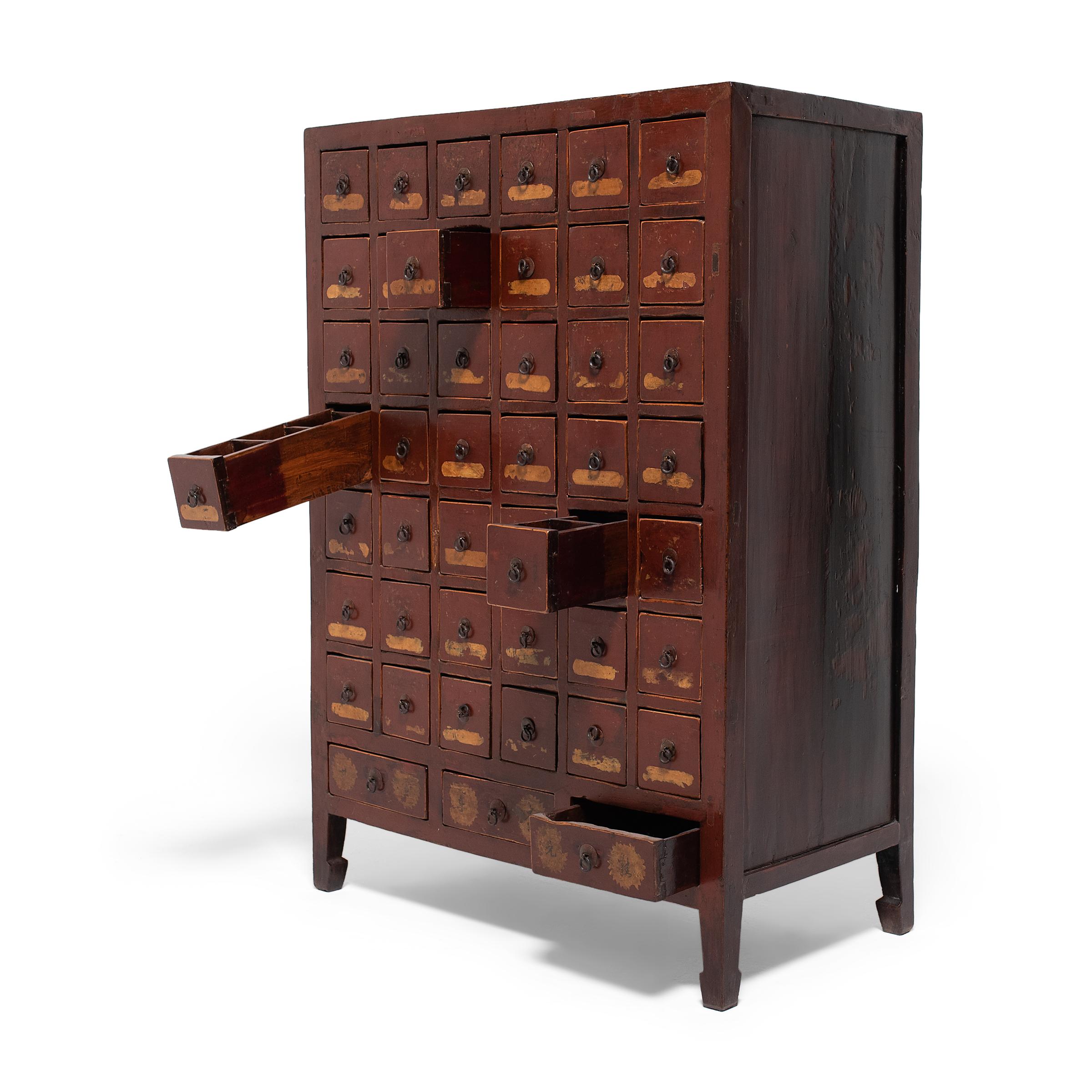 Elm Chinese Red Lacquer Apothecary Cabinet, c. 1850