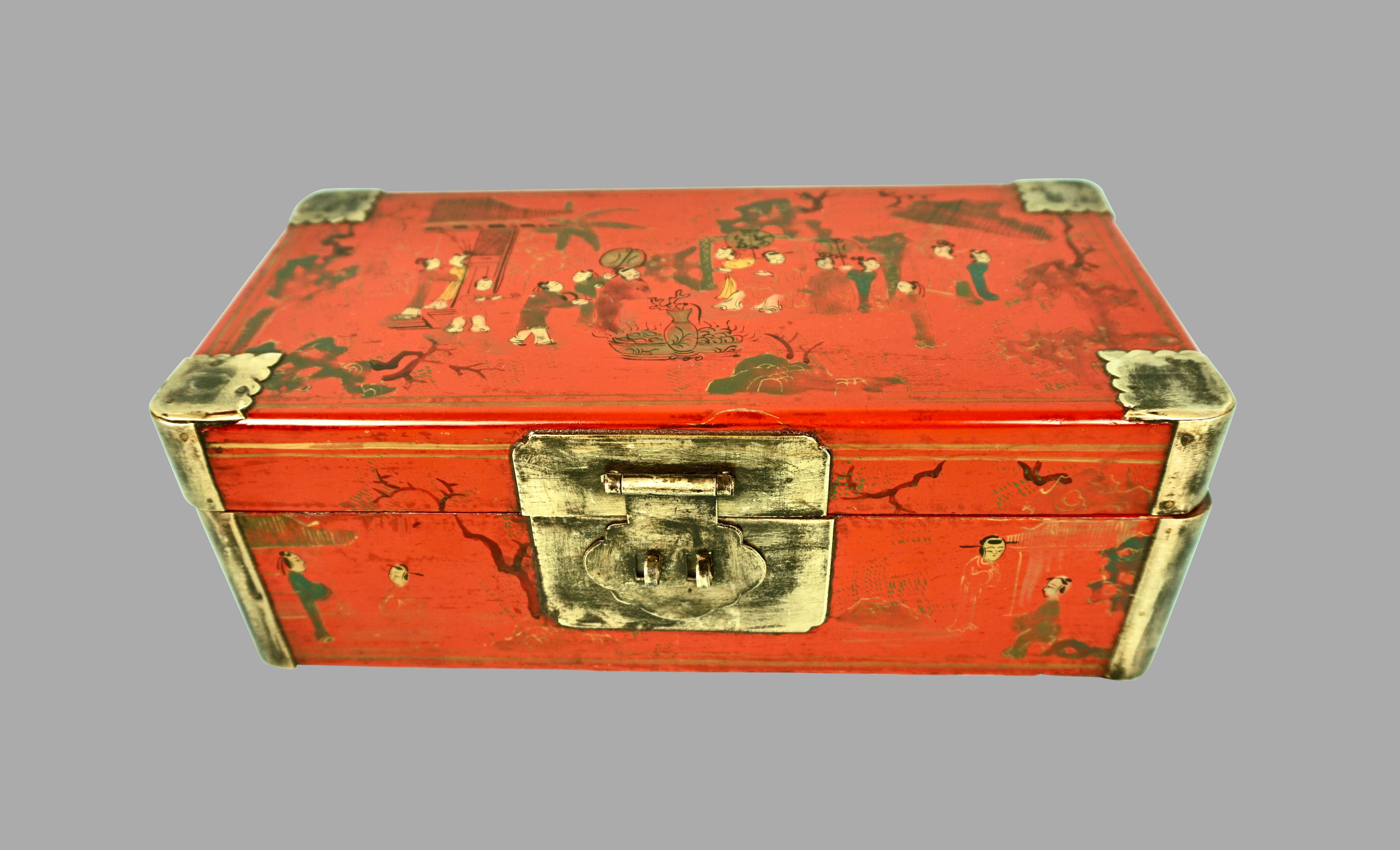 Chinoiserie Chinese Red Lacquer Box with Metal Mounted Corners