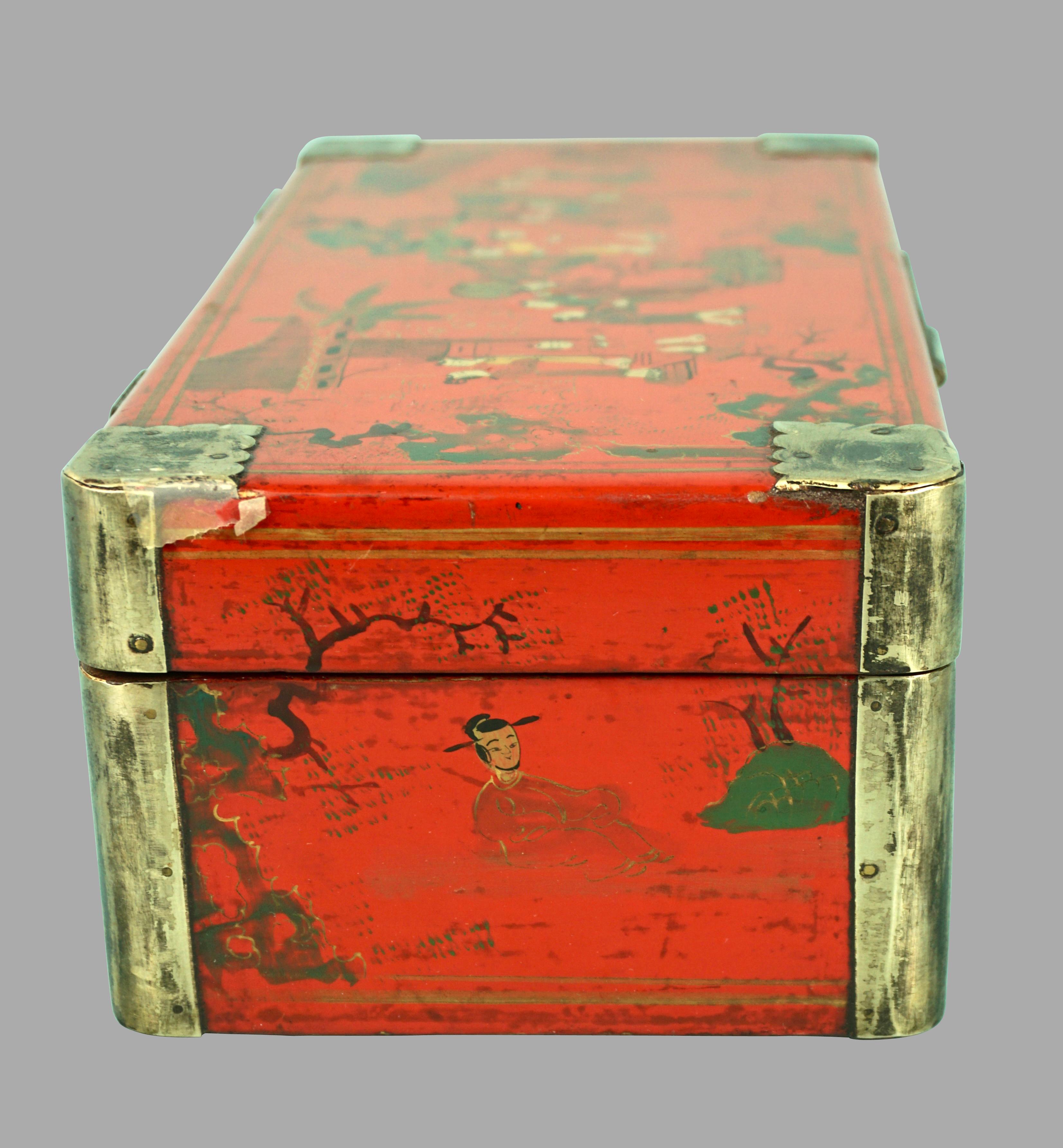 20th Century Chinese Red Lacquer Box with Metal Mounted Corners