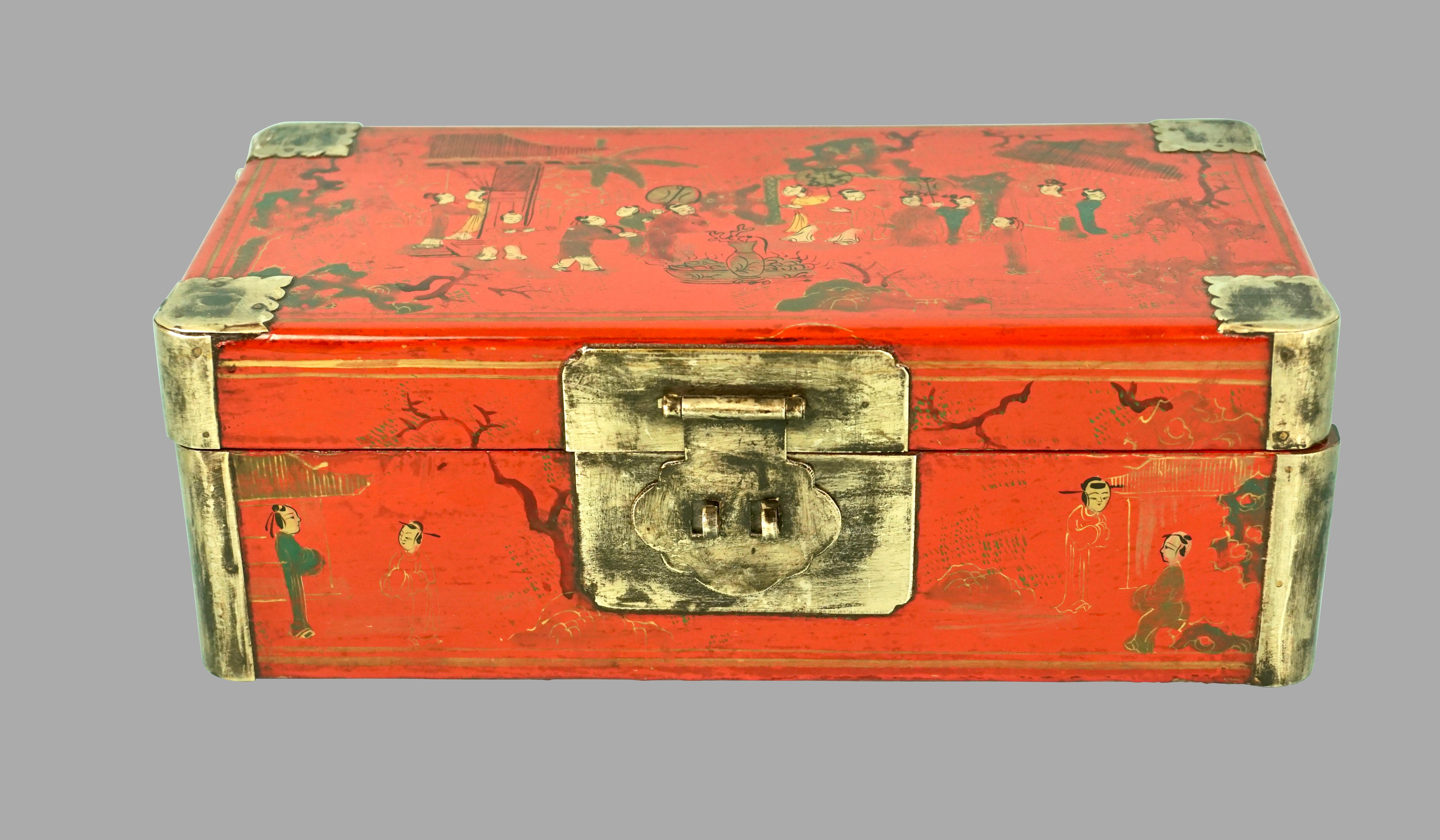 Chinese Red Lacquer Box with Metal Mounted Corners 1