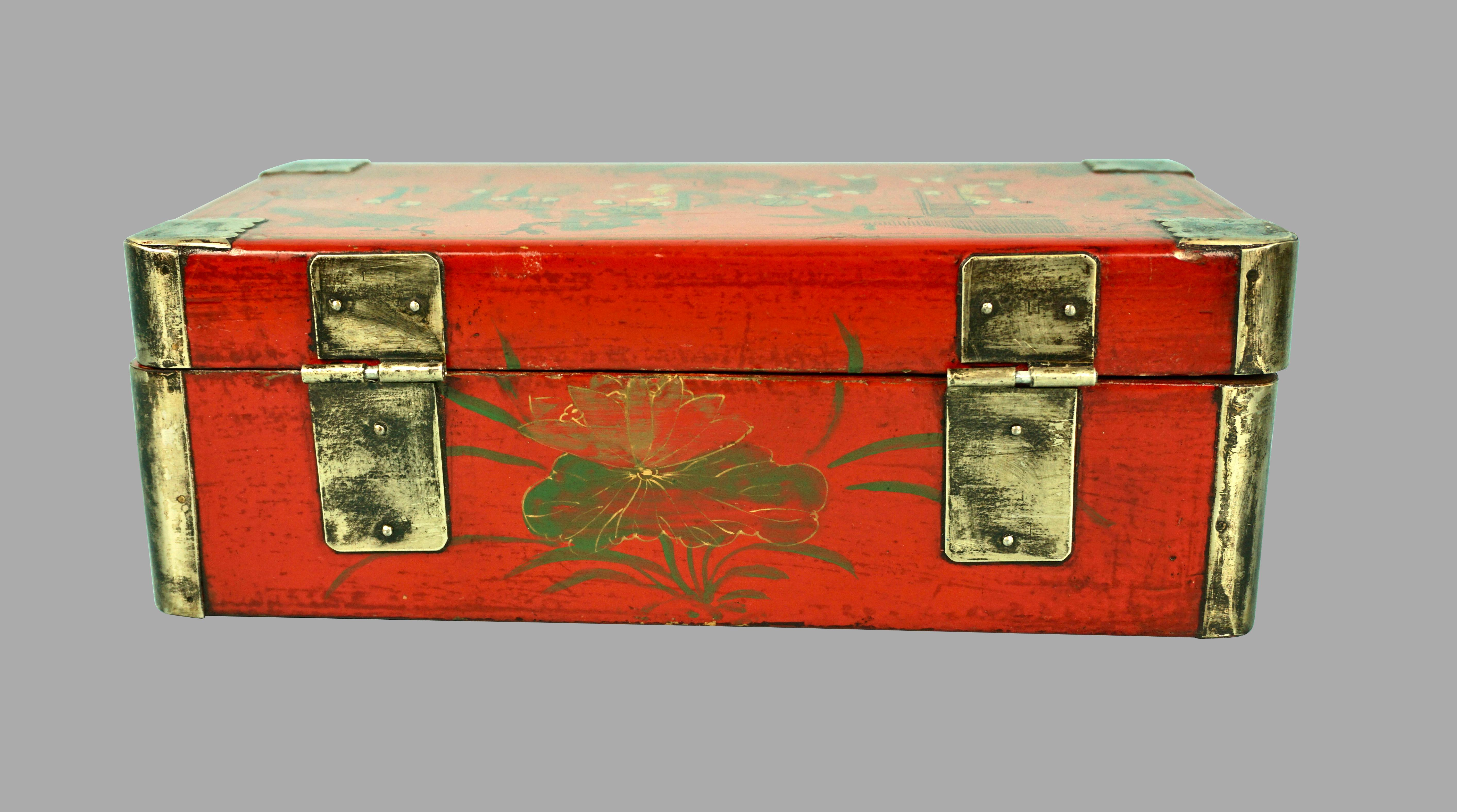 Chinese Red Lacquer Box with Metal Mounted Corners 2