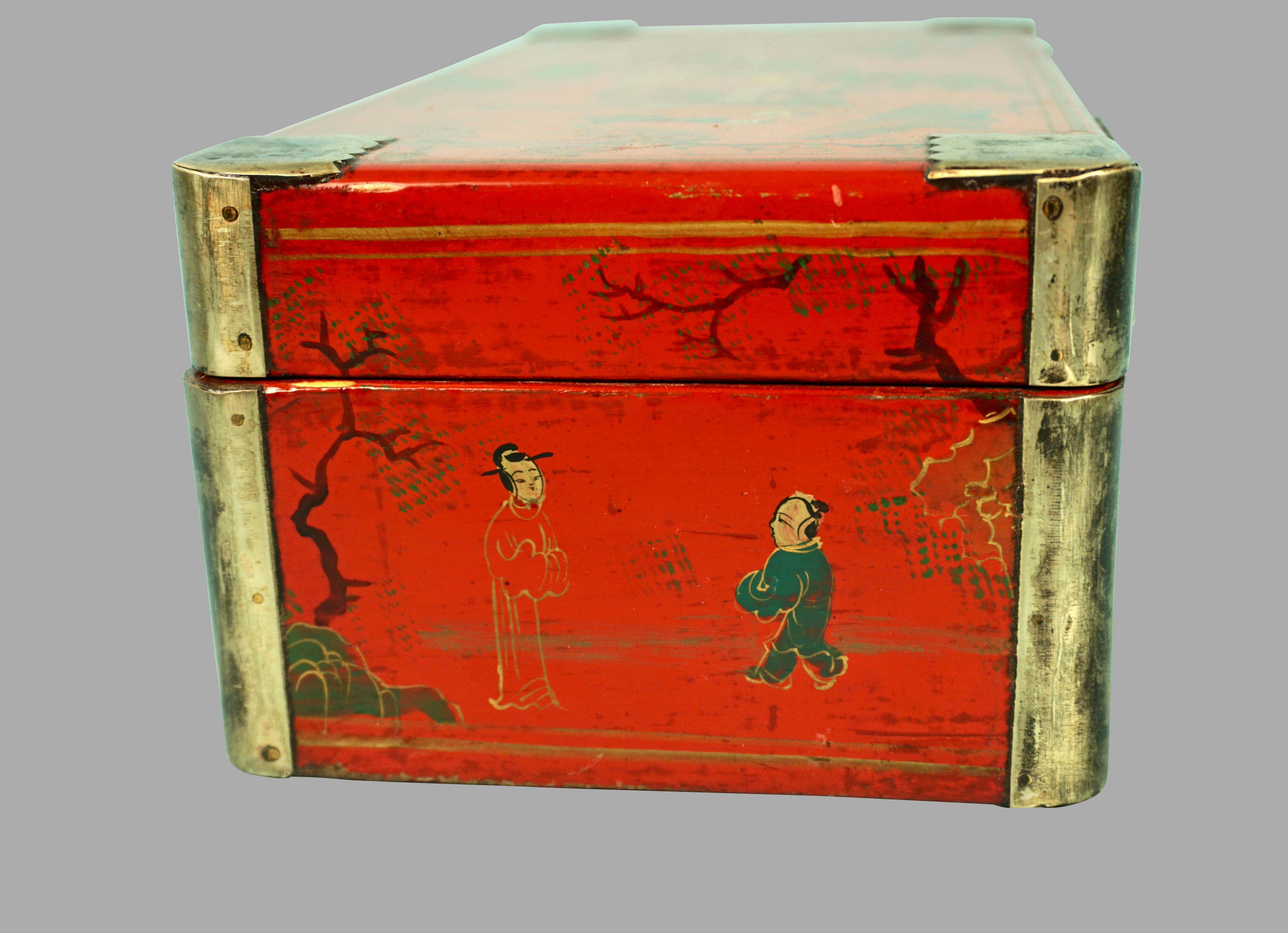 Chinese Red Lacquer Box with Metal Mounted Corners 3