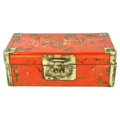 Chinese Red Lacquer Box with Metal Mounted Corners