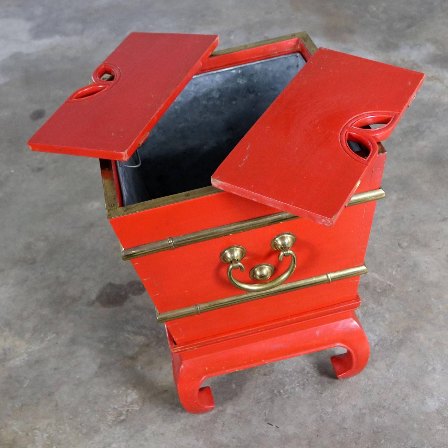 Chinese Red Lacquer & Brass Side Table Removable Ice Chest Style Hoof Foot Base For Sale 1