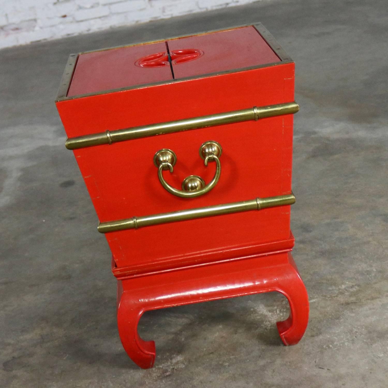 Lacquered Chinese Red Lacquer & Brass Side Table Removable Ice Chest Style Hoof Foot Base For Sale