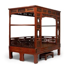 Chinese Red Lacquer Canopy Bed with Footrest, c. 1900