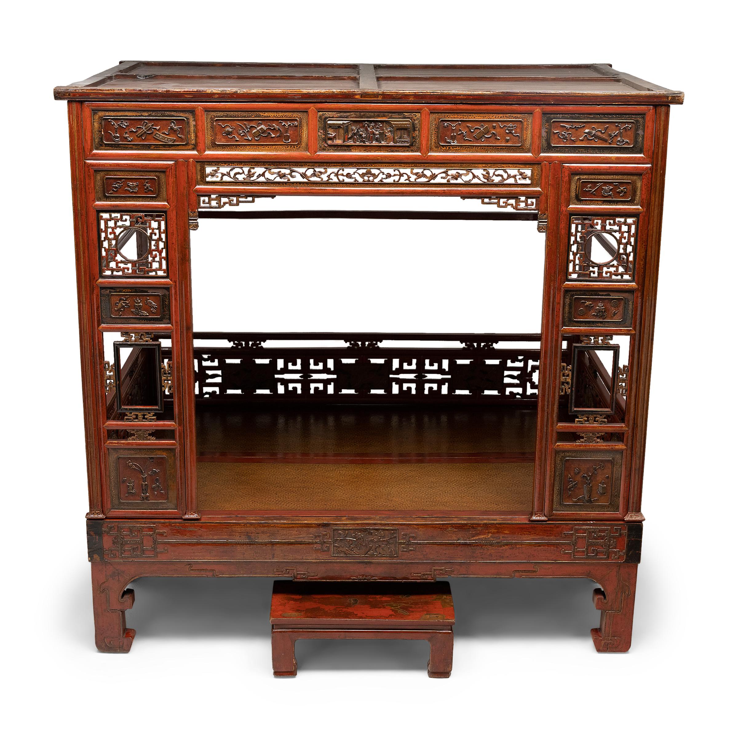Chinese Red Lacquer Canopy Bed with Footrest, c. 1900 For Sale 2