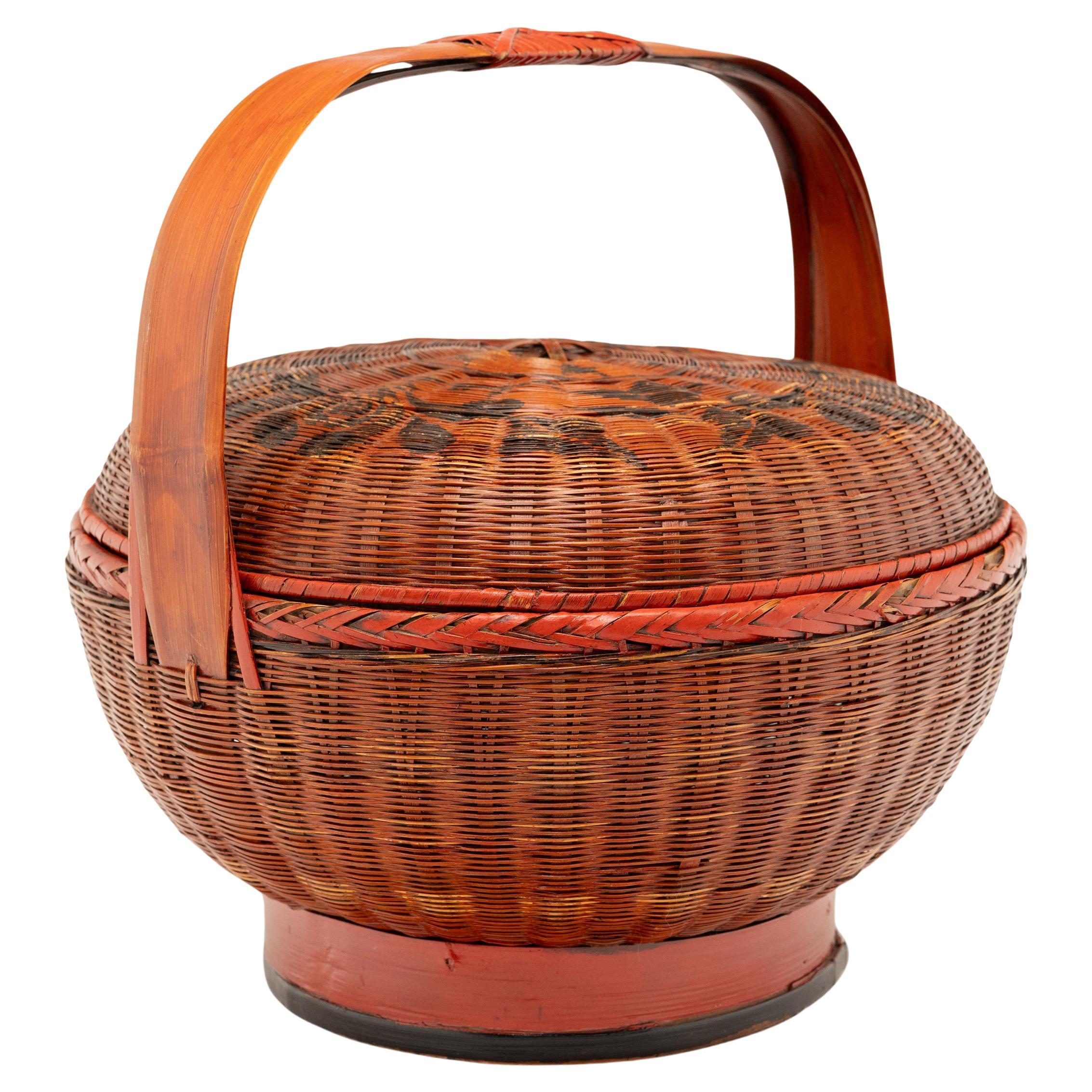 Chinese Red Lacquer Carrying Basket For Sale