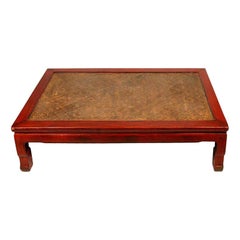 Chinese Red Lacquer Coffee Table with Woven Rice Top