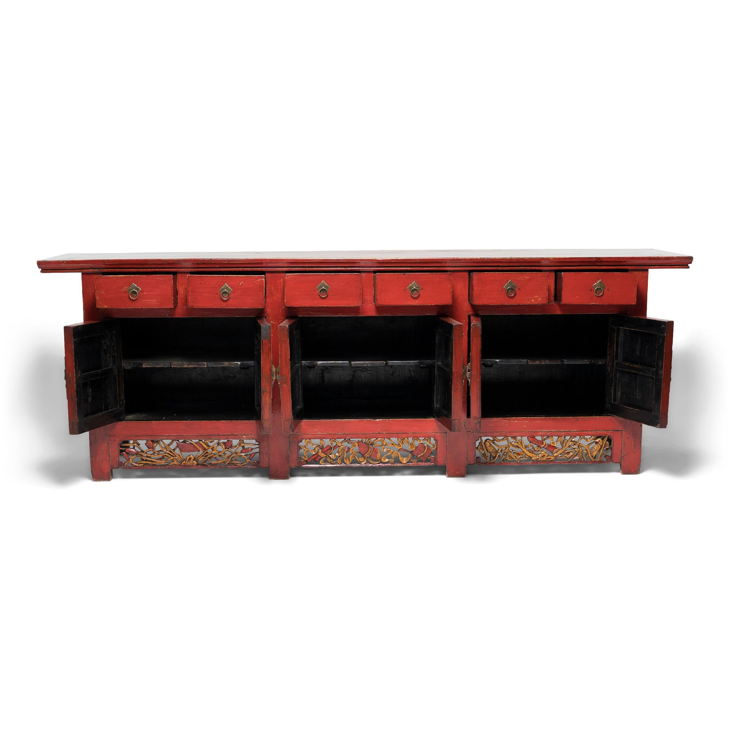 20th Century Chinese Red Lacquer Coffer with Gilt Carvings, c. 1900 For Sale