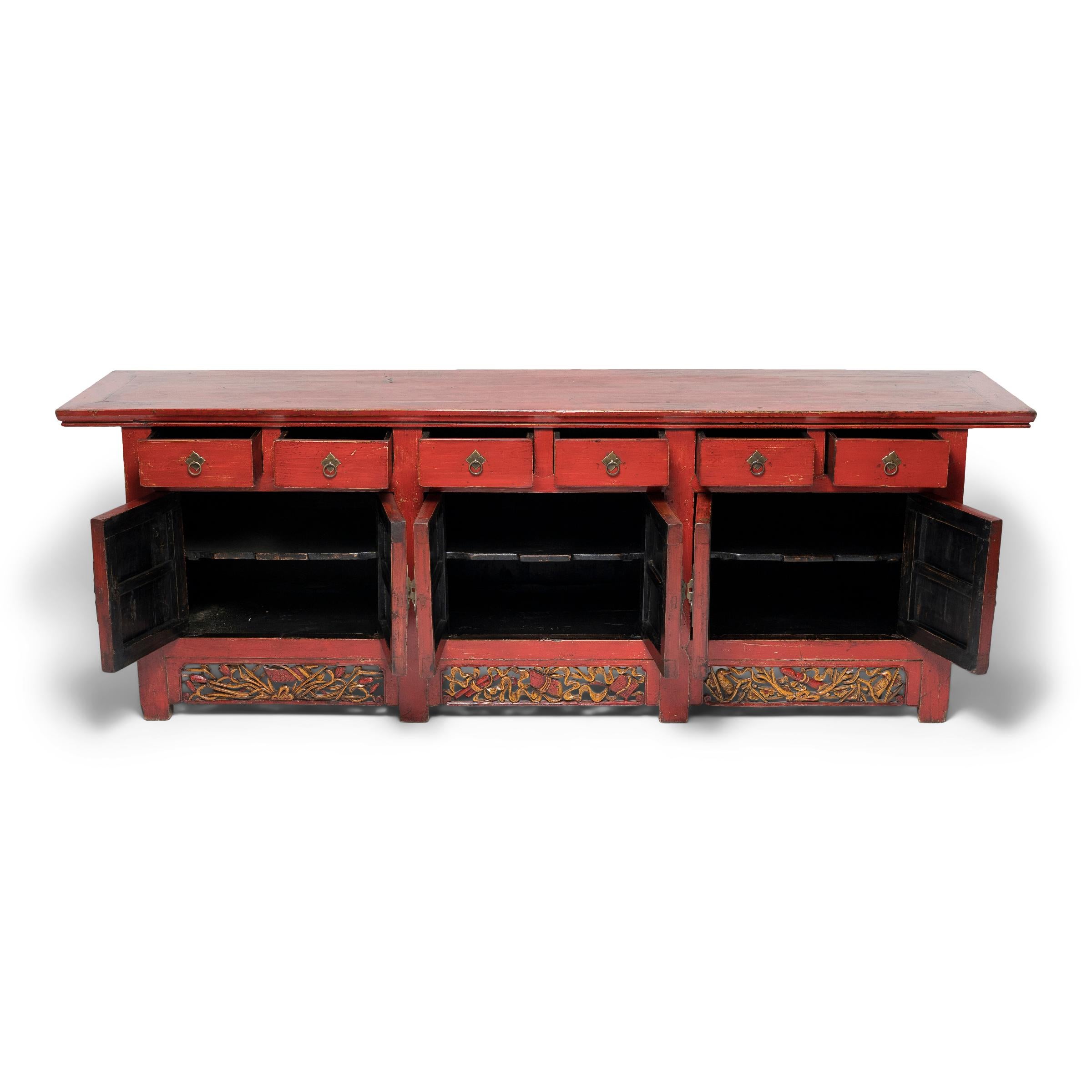 Cypress Chinese Red Lacquer Coffer with Gilt Carvings, c. 1900 For Sale