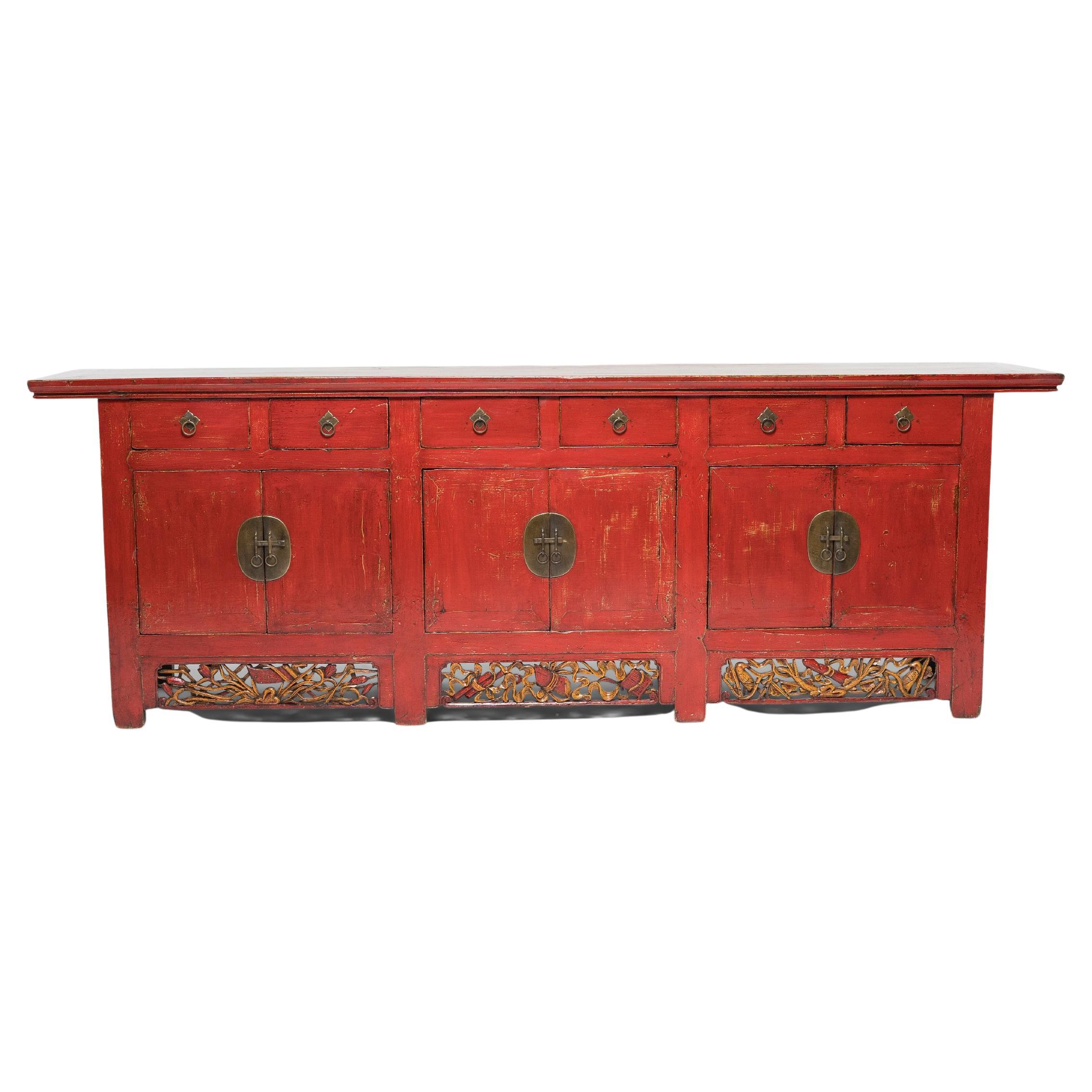 Chinese Red Lacquer Coffer with Gilt Carvings, c. 1900 For Sale