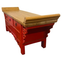 Red Lacquer and Natural Wood Console Table with Carved Side Panels Modern Design