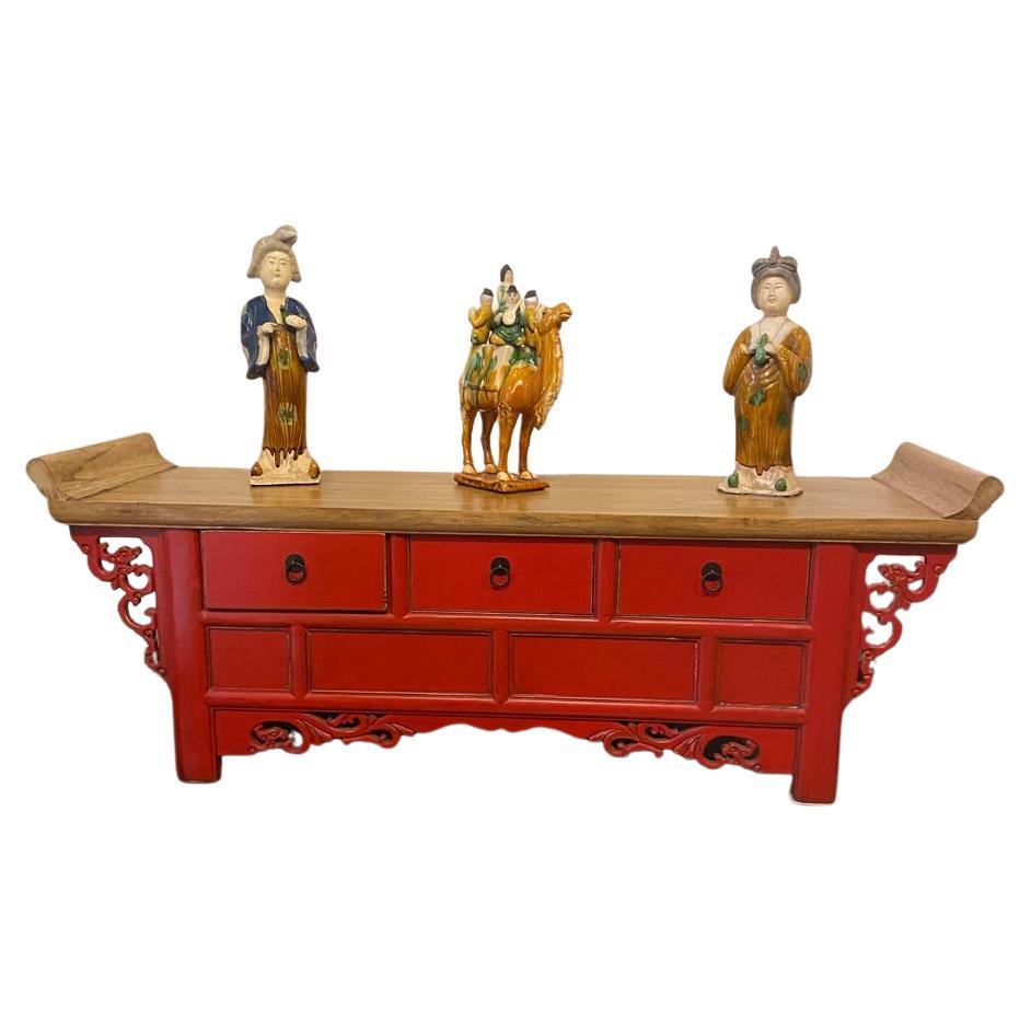 Chinese Red Lacquer Console Table with Carved Details and Wood Top