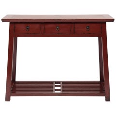 Chinese Red Lacquer Console Table with Lattice Shelf, circa 1900