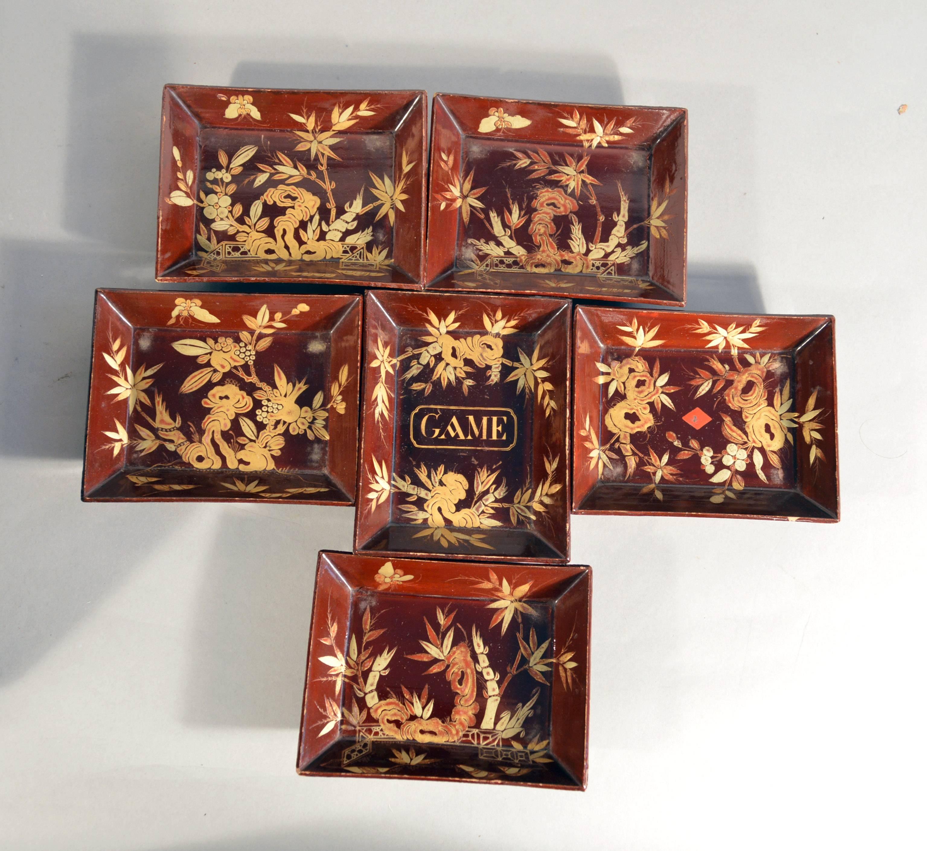 Chinese Export Chinese Red Lacquer Covered Games Box with Inner Trays & Boxes, circa 1825-1850