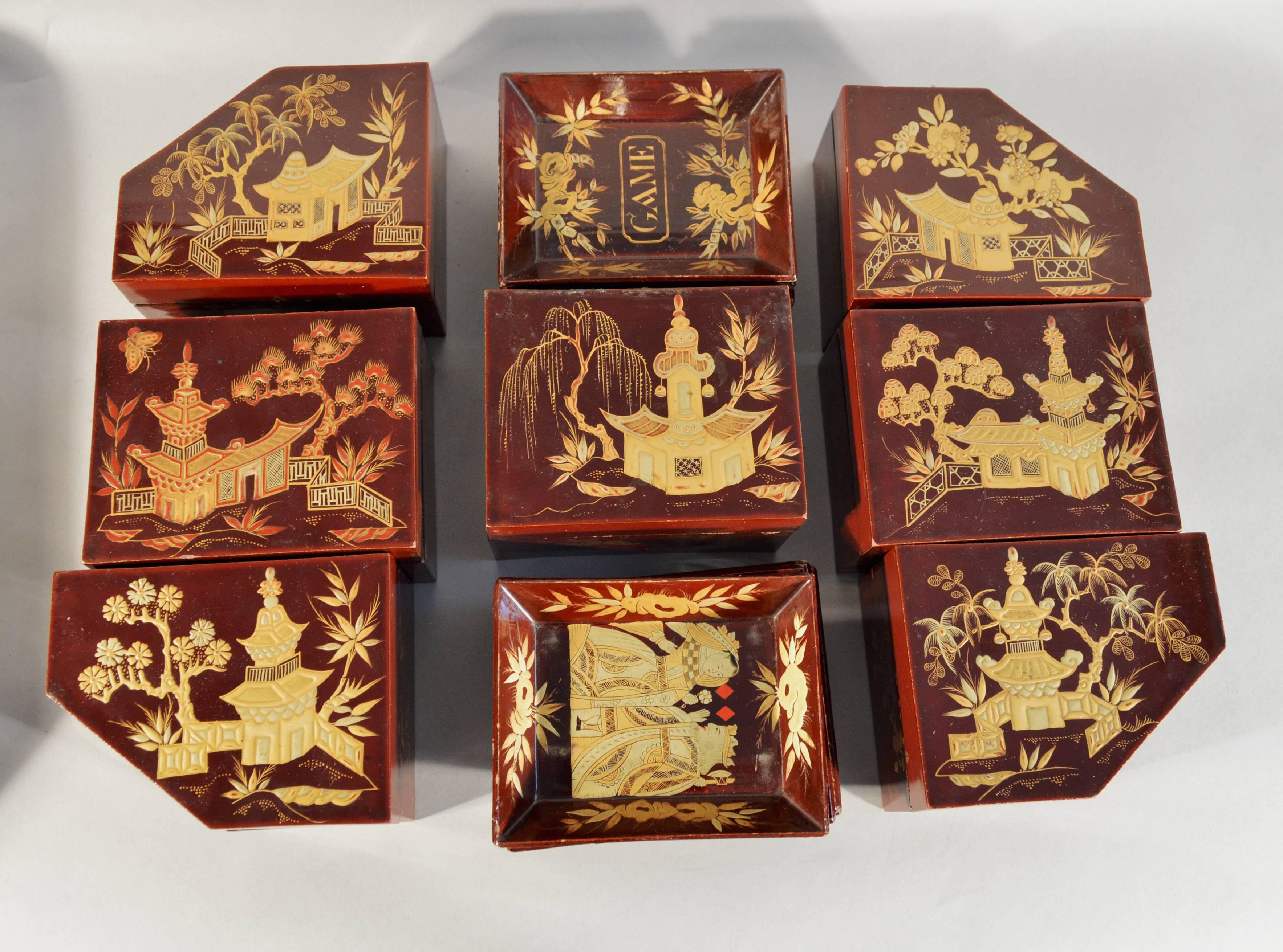 Chinese Red Lacquer Covered Games Box with Inner Trays & Boxes, circa 1825-1850 In Excellent Condition In Downingtown, PA