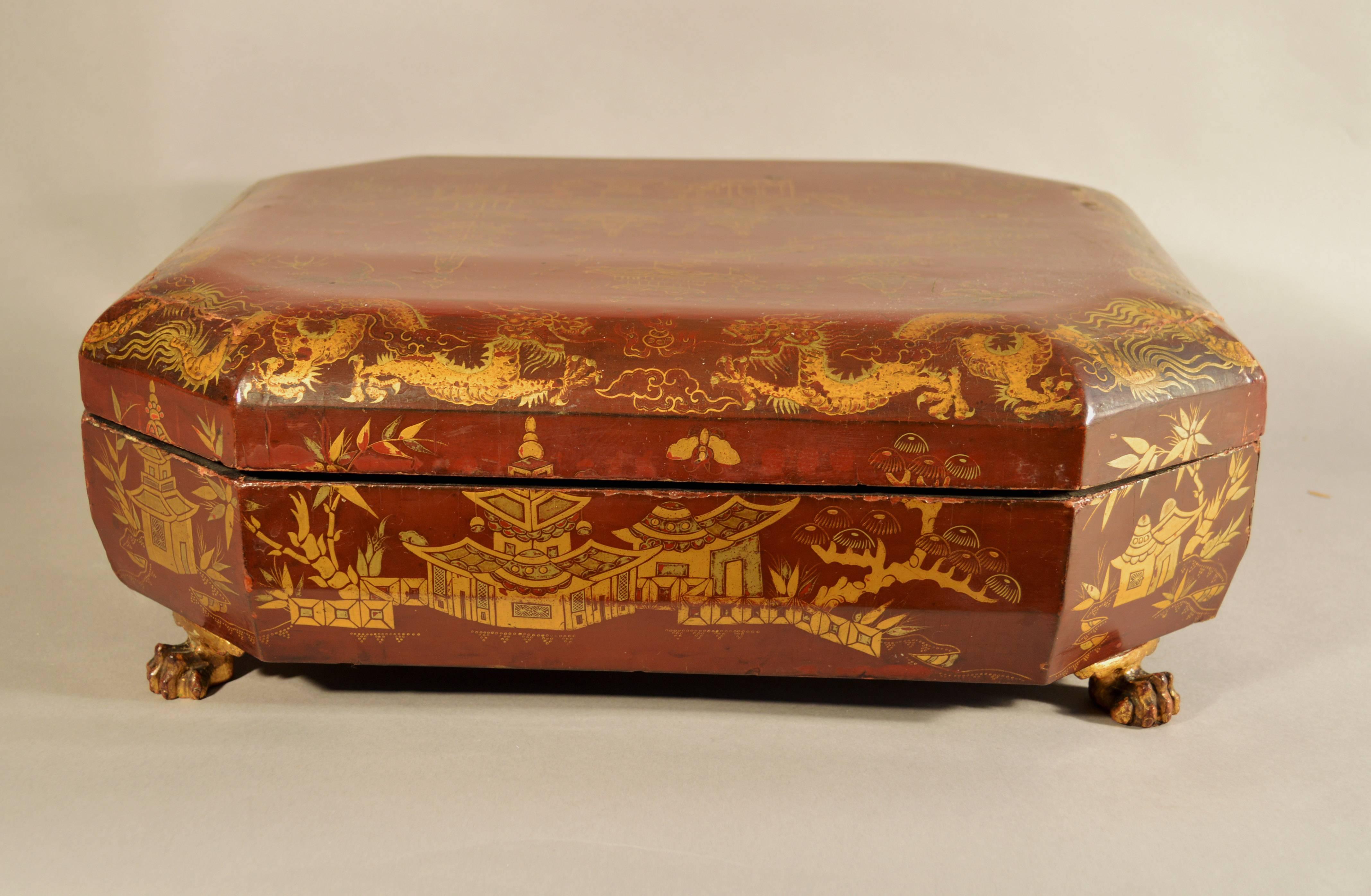 Chinese Red Lacquer Covered Games Box with Inner Trays & Boxes, circa 1825-1850 1