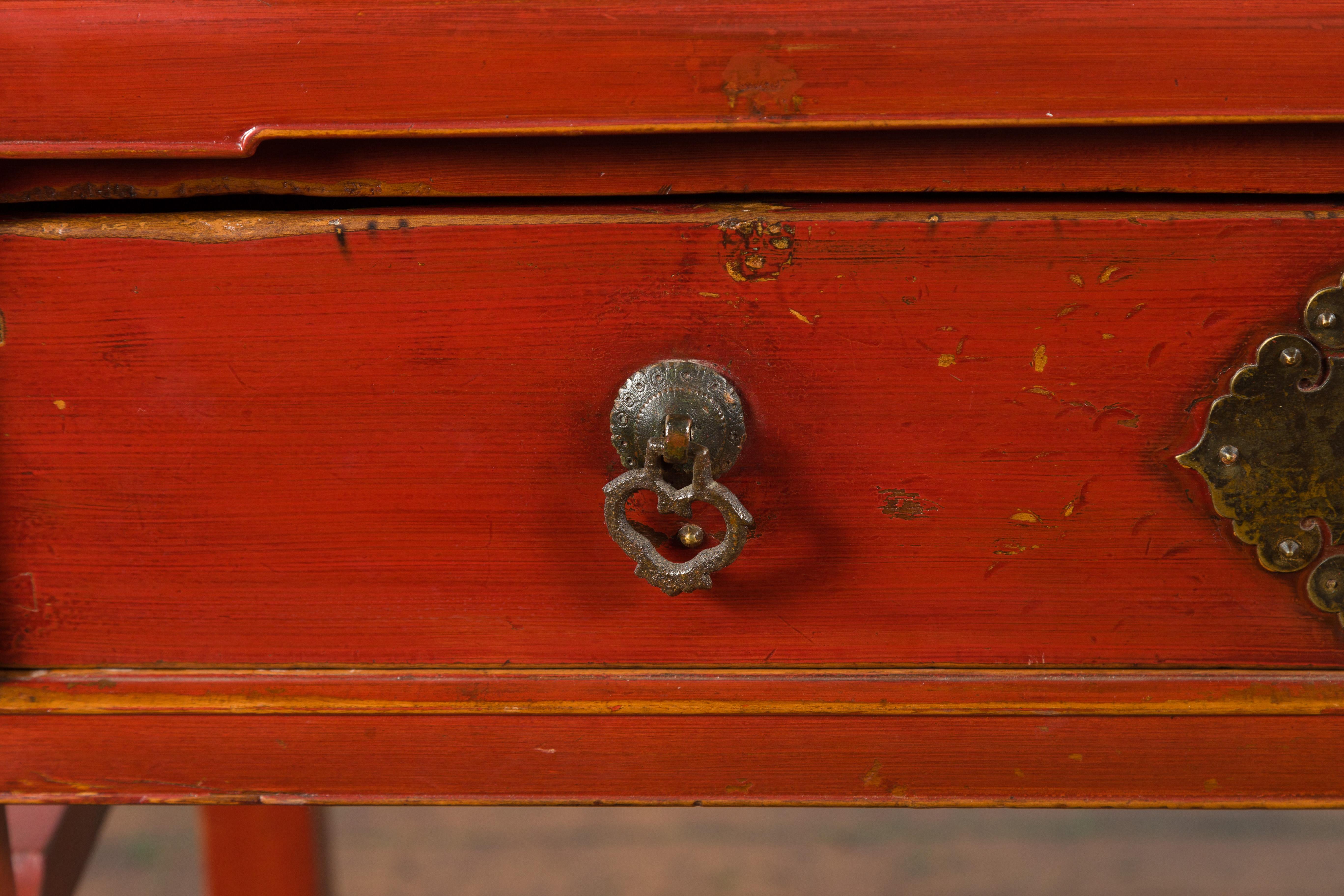 Chinese Red Lacquer Early 20th Century Two Drawer Desk with Brass Hardware For Sale 4