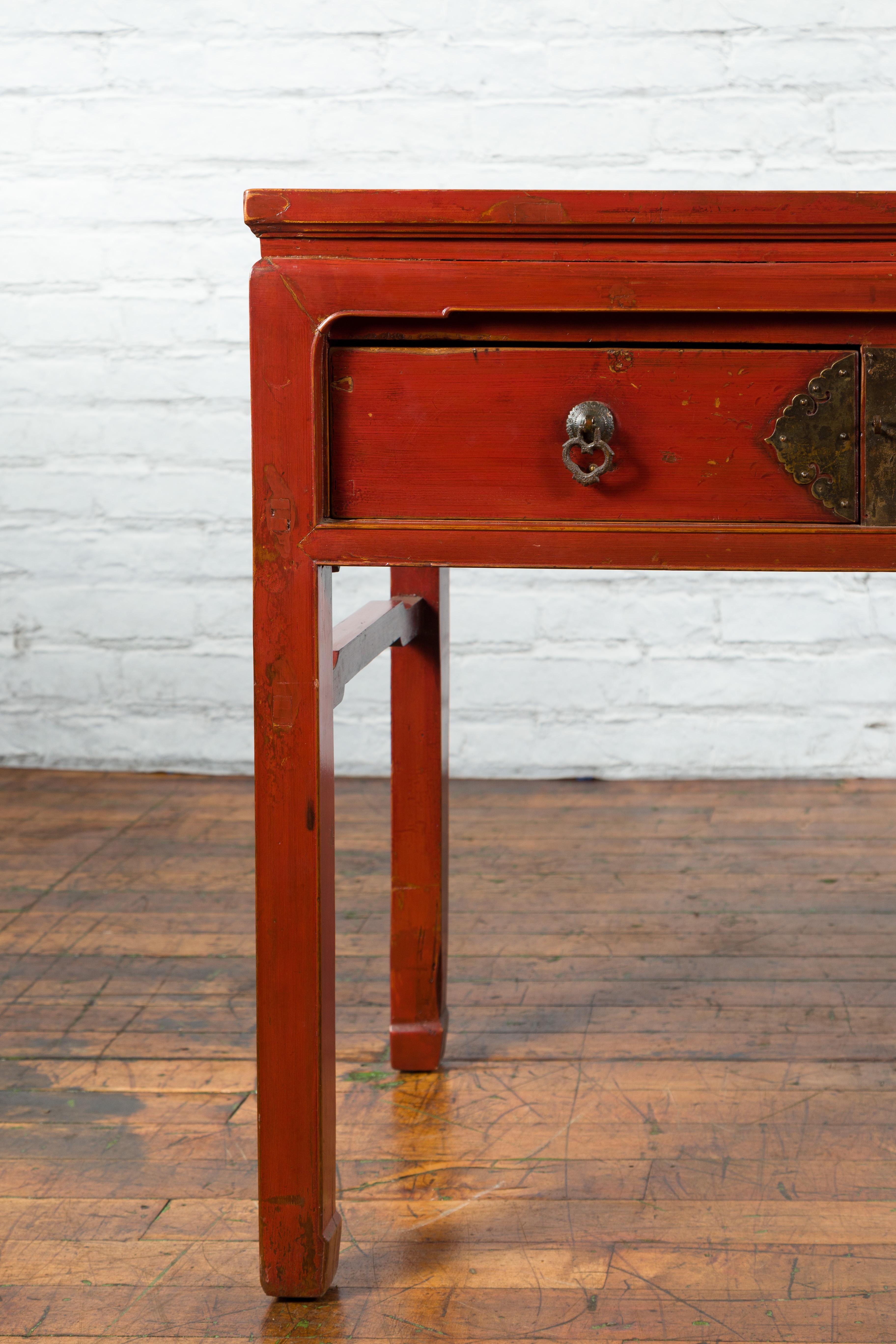 Chinese Red Lacquer Early 20th Century Two Drawer Desk with Brass Hardware For Sale 6