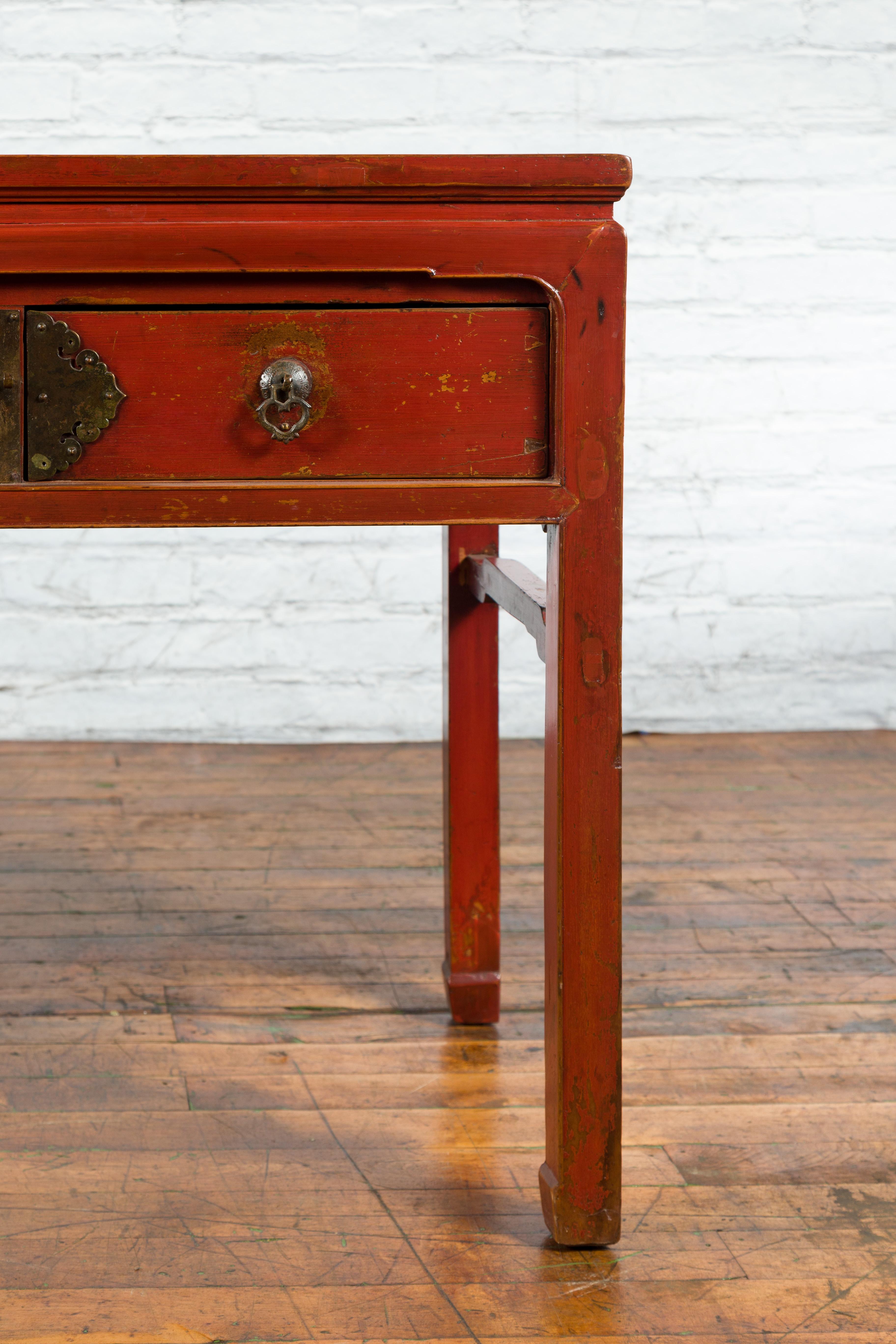 Chinese Red Lacquer Early 20th Century Two Drawer Desk with Brass Hardware For Sale 7