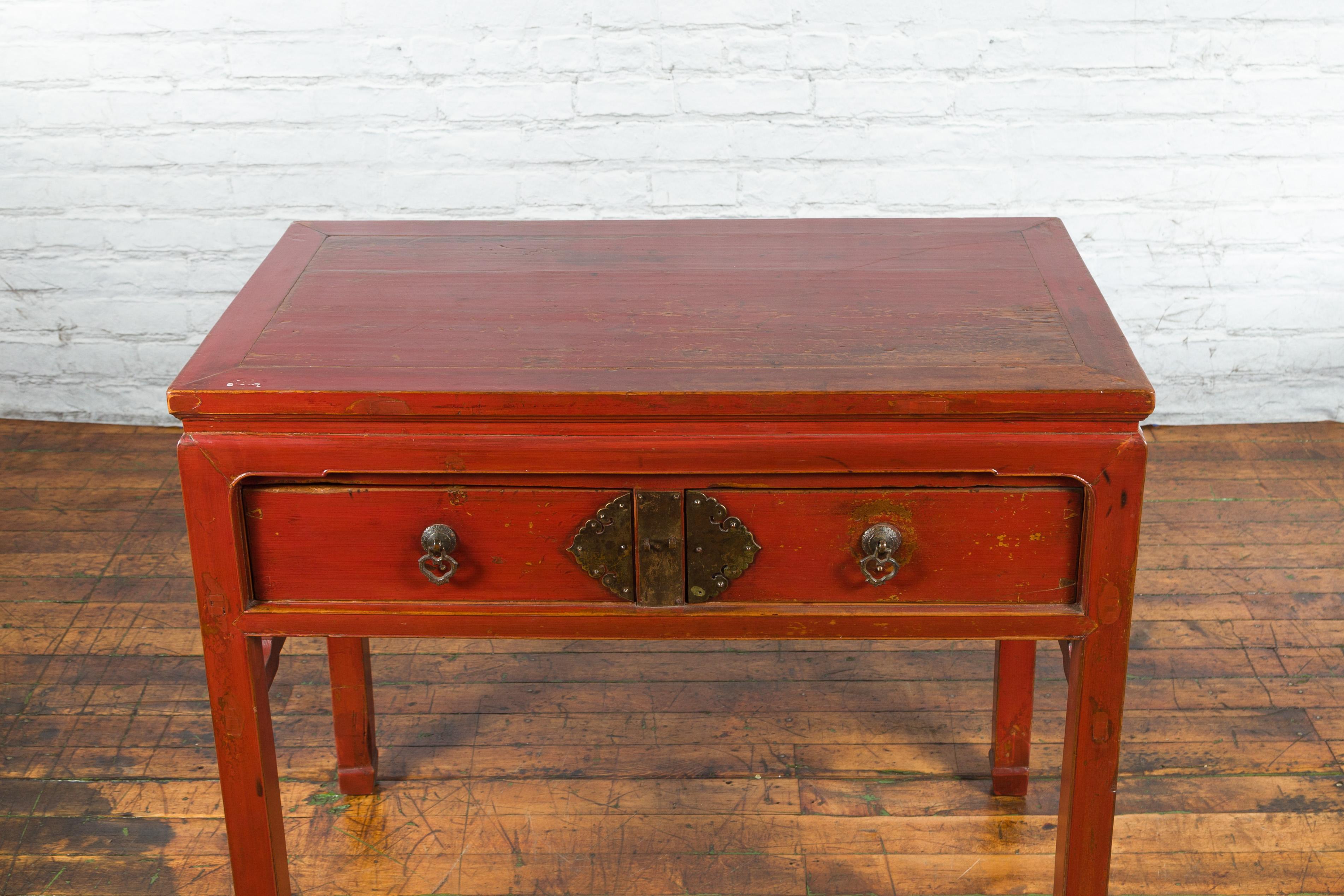 Chinese Red Lacquer Early 20th Century Two Drawer Desk with Brass Hardware For Sale 9