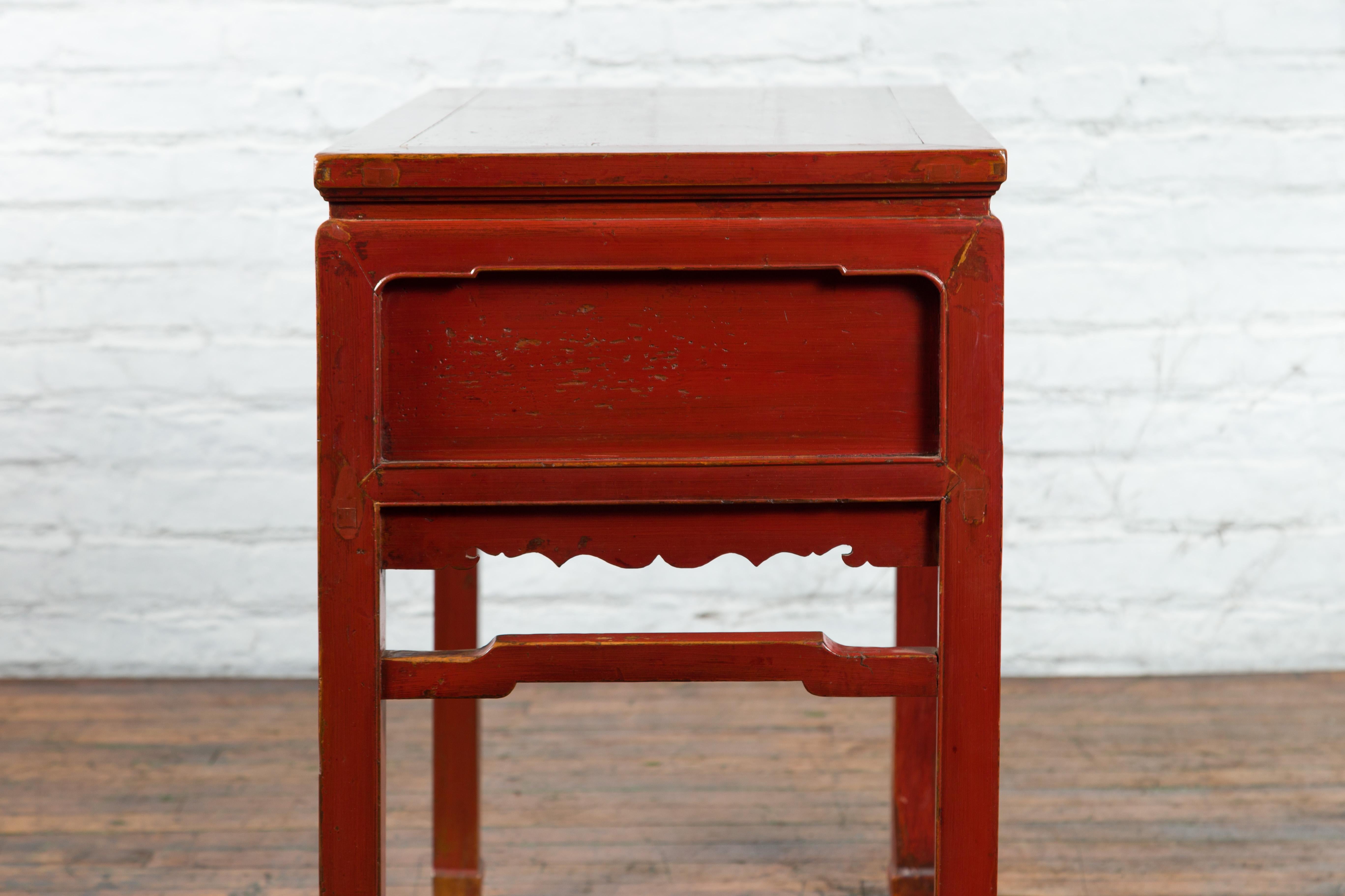Chinese Red Lacquer Early 20th Century Two Drawer Desk with Brass Hardware For Sale 10