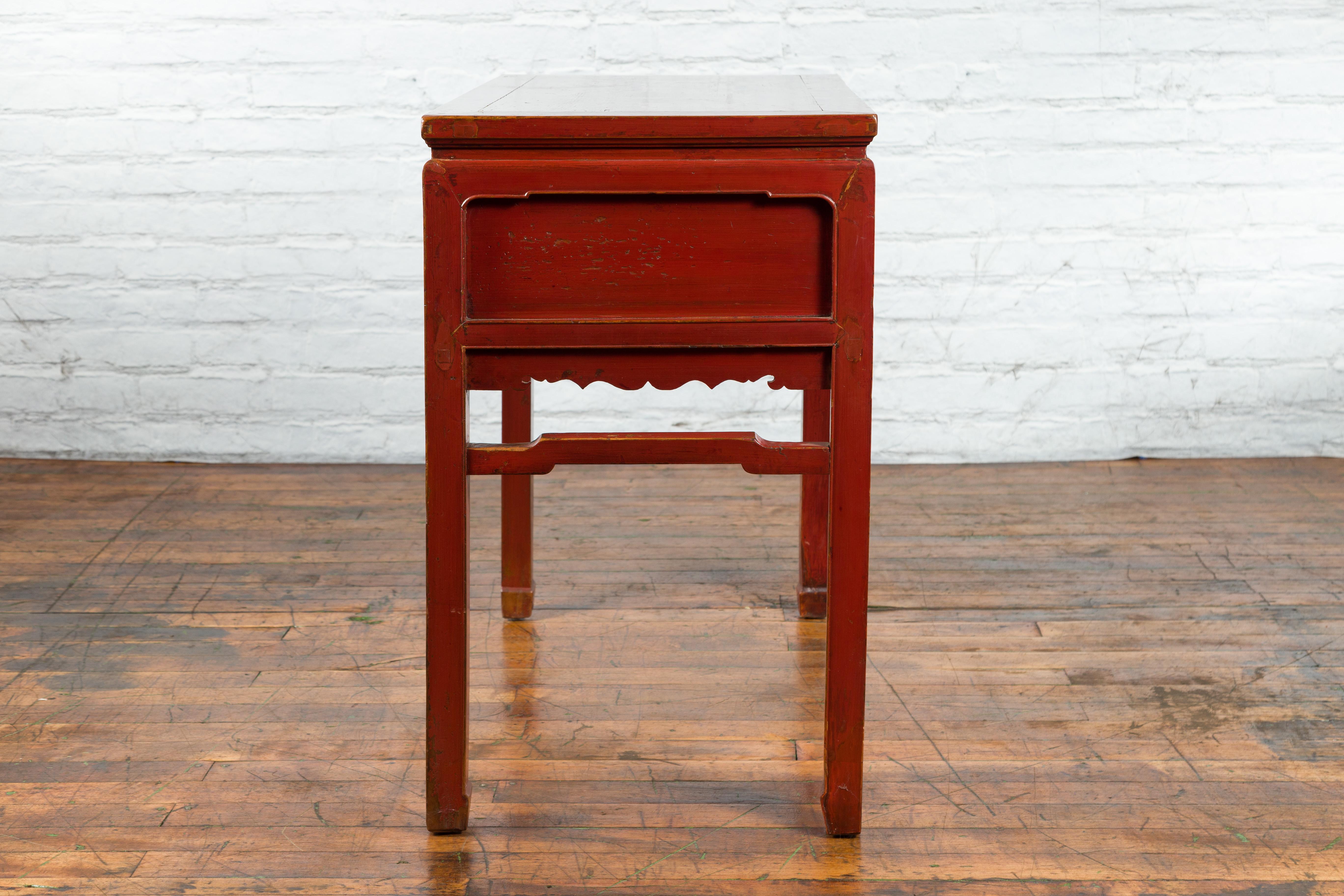 Chinese Red Lacquer Early 20th Century Two Drawer Desk with Brass Hardware For Sale 11
