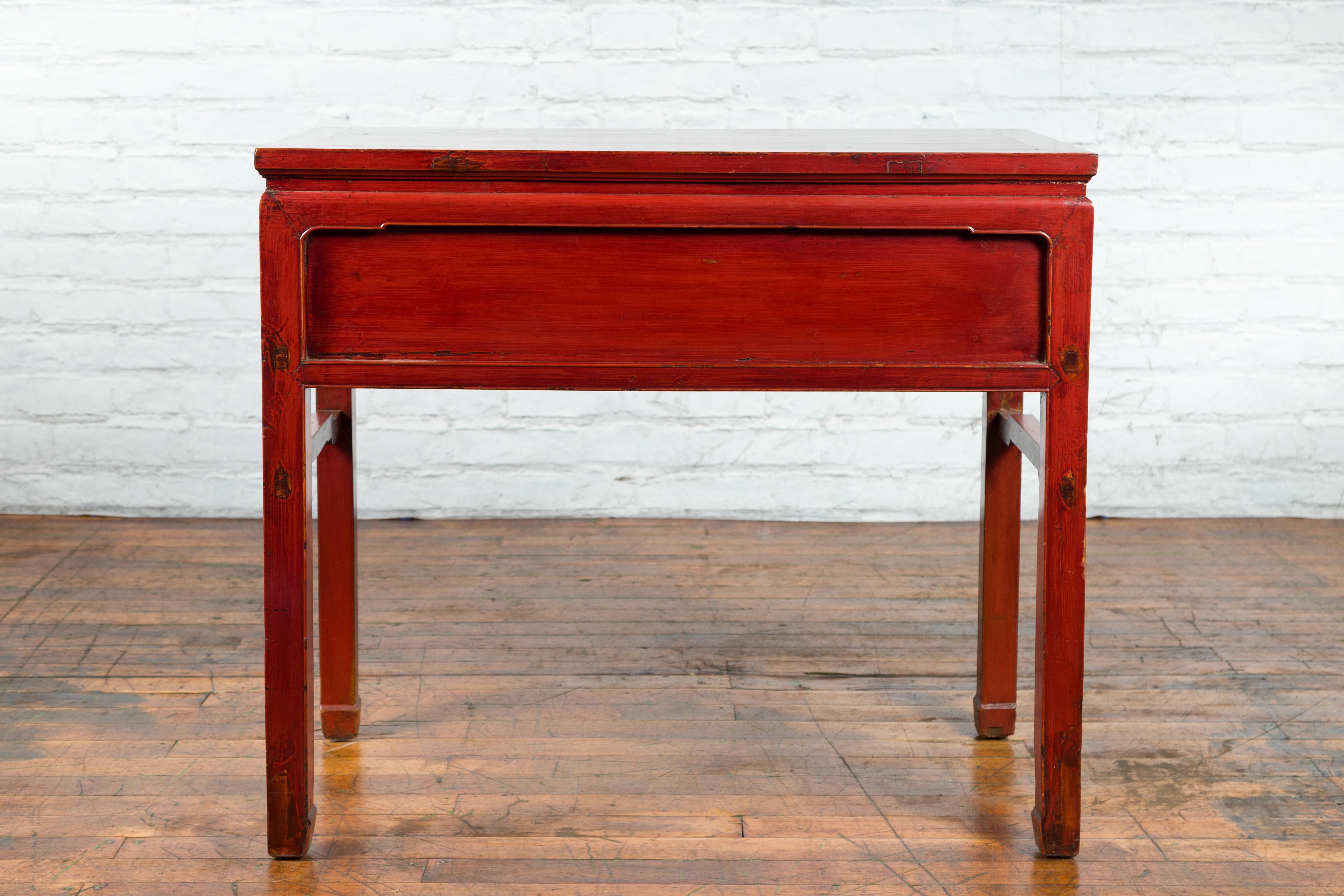 Chinese Red Lacquer Early 20th Century Two Drawer Desk with Brass Hardware For Sale 12