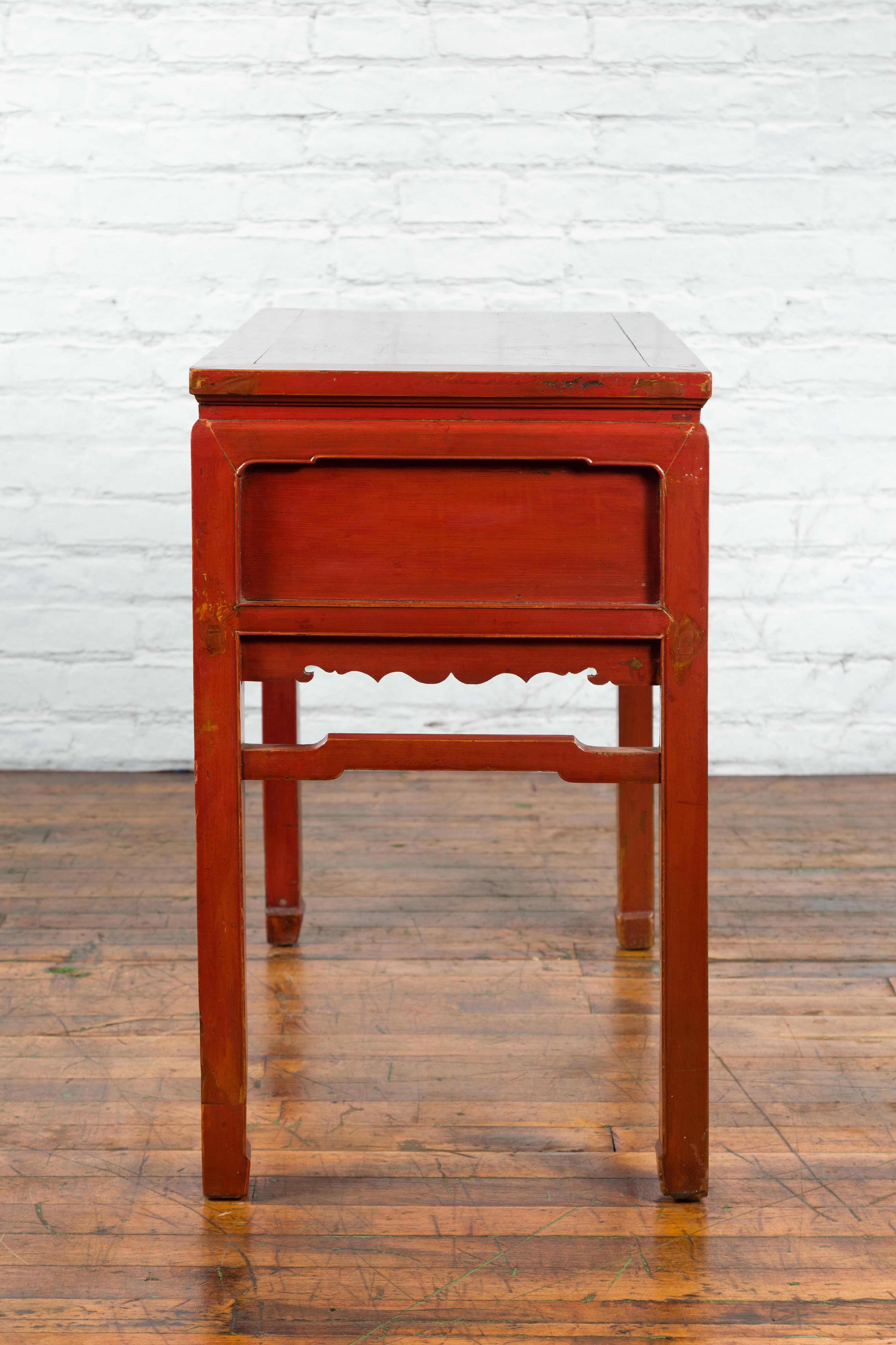 Chinese Red Lacquer Early 20th Century Two Drawer Desk with Brass Hardware For Sale 14