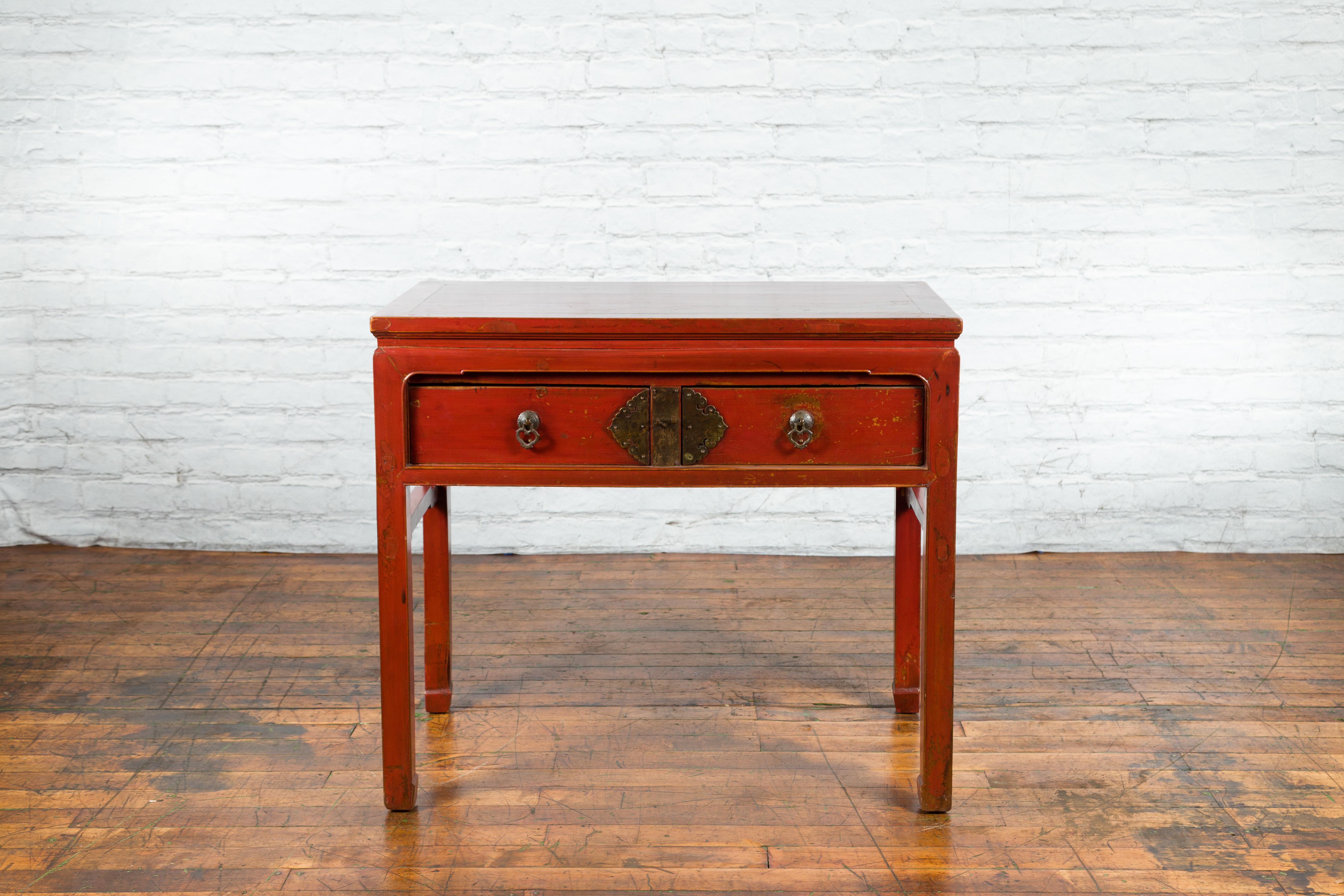 Lacquered Chinese Red Lacquer Early 20th Century Two Drawer Desk with Brass Hardware For Sale