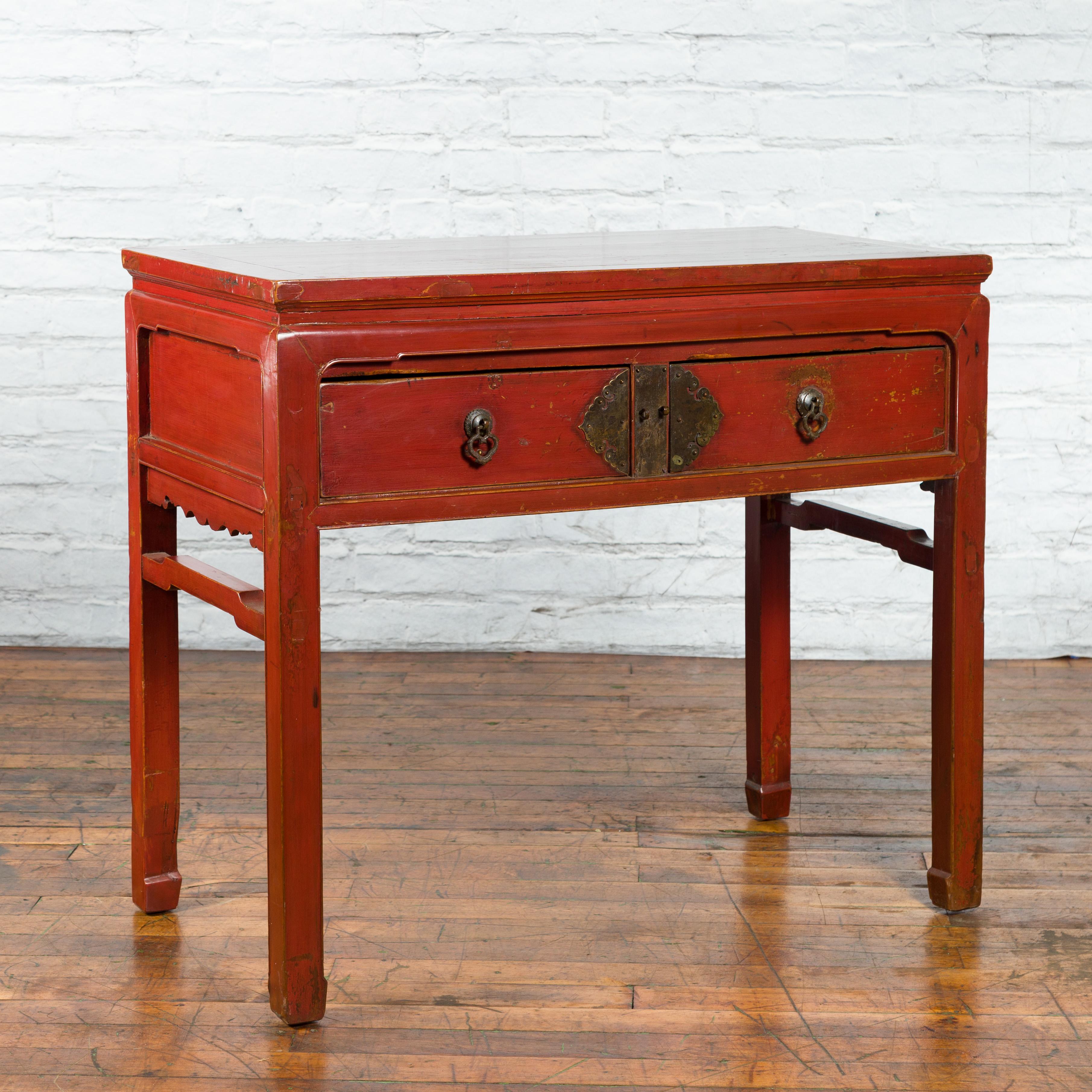 Chinese Red Lacquer Early 20th Century Two Drawer Desk with Brass Hardware In Good Condition For Sale In Yonkers, NY
