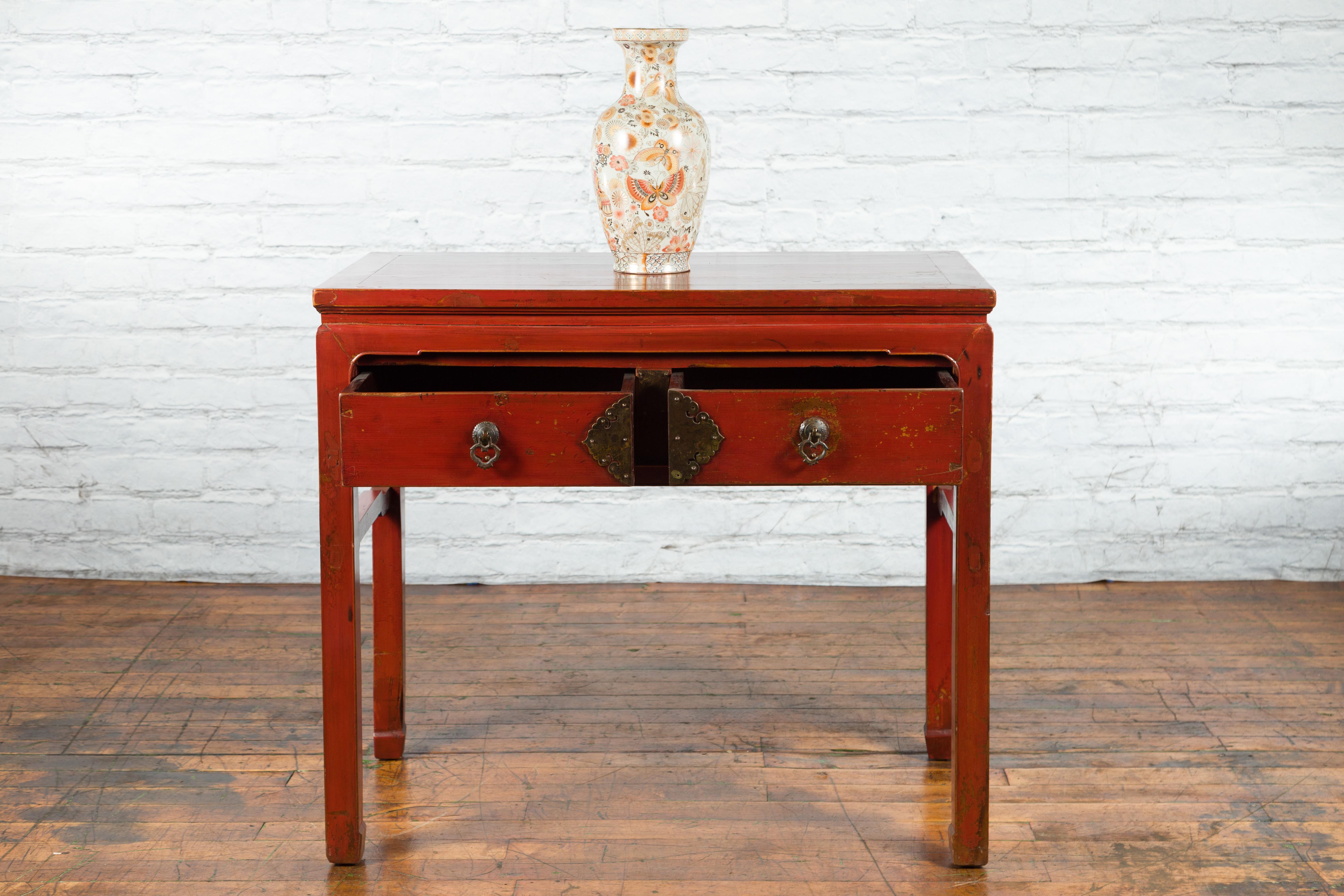 Wood Chinese Red Lacquer Early 20th Century Two Drawer Desk with Brass Hardware For Sale