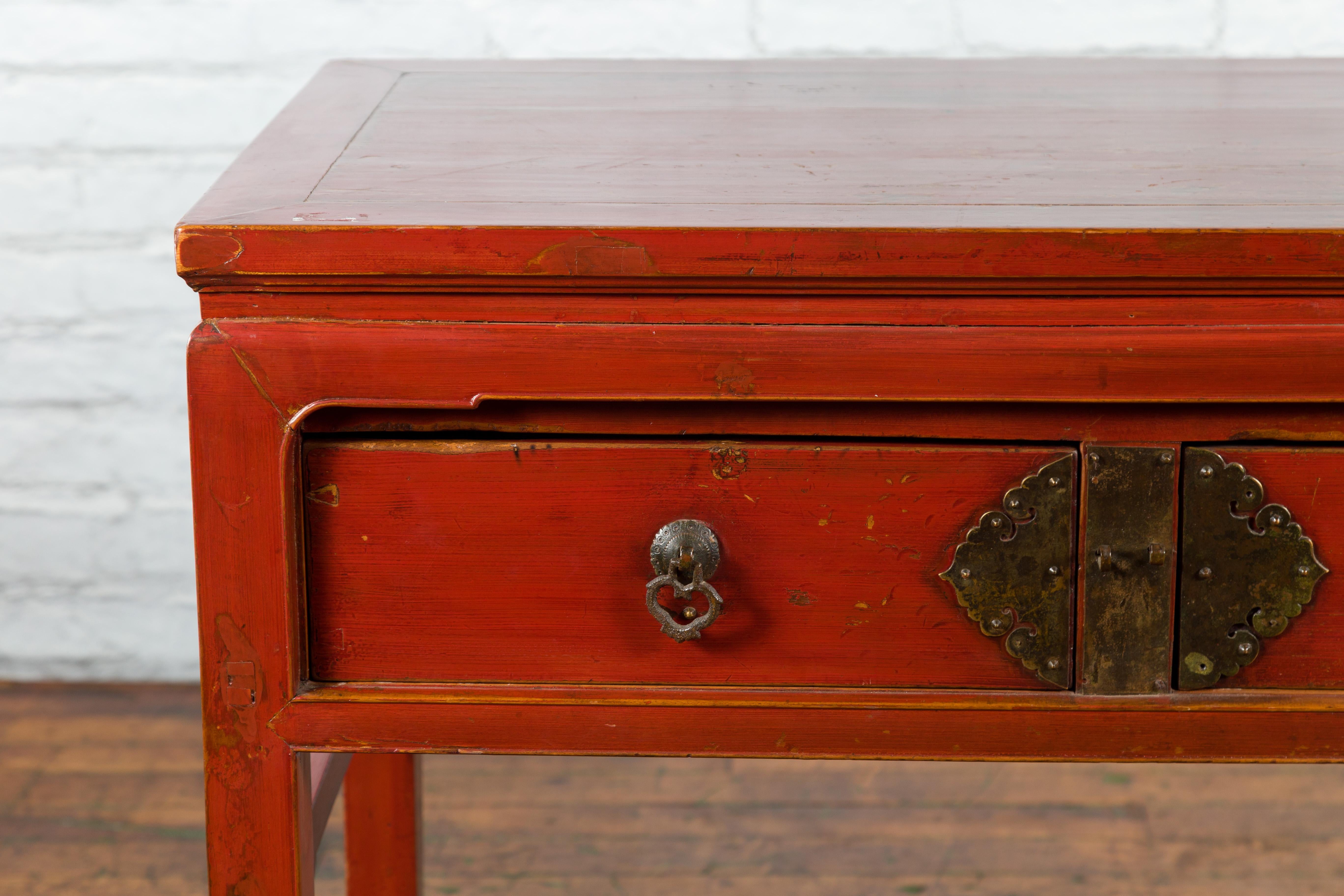 Chinese Red Lacquer Early 20th Century Two Drawer Desk with Brass Hardware For Sale 1