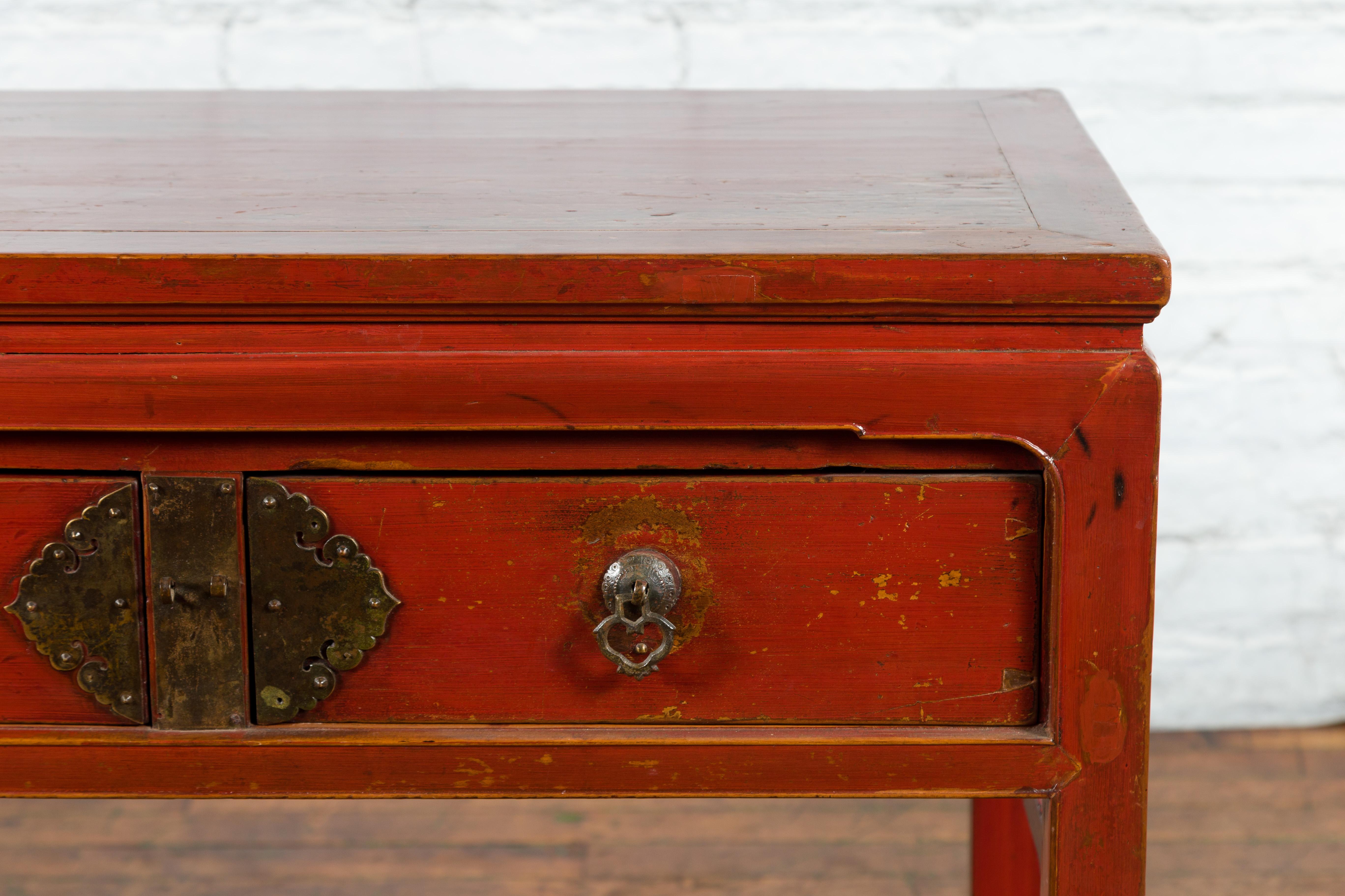 Chinese Red Lacquer Early 20th Century Two Drawer Desk with Brass Hardware For Sale 3